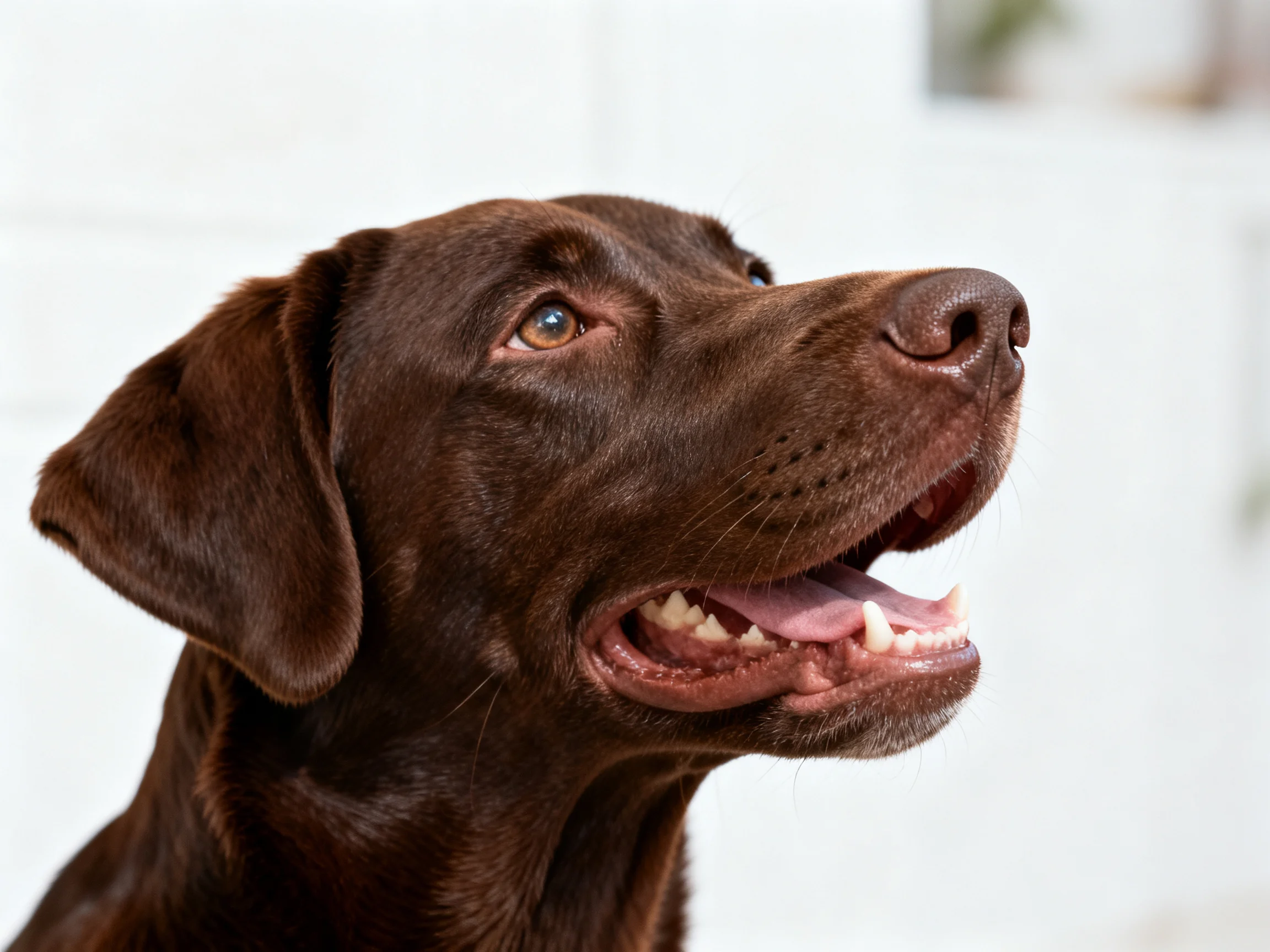 A chocolate Labrador retriever with glossy brown fur and open mouth
