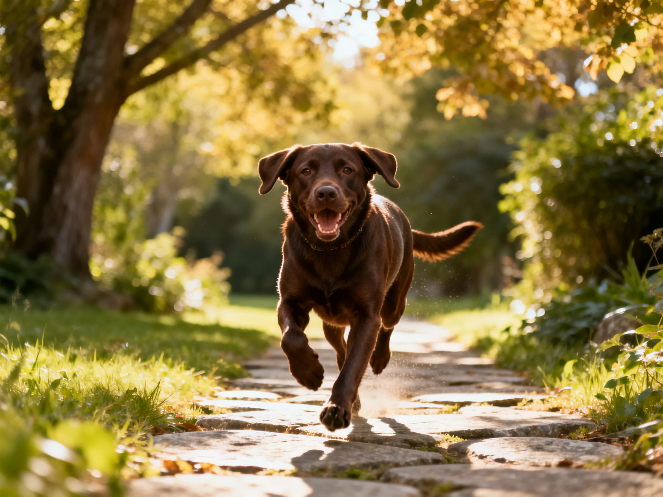 A chocolate Labrador runs energetically on a sunlit stone path