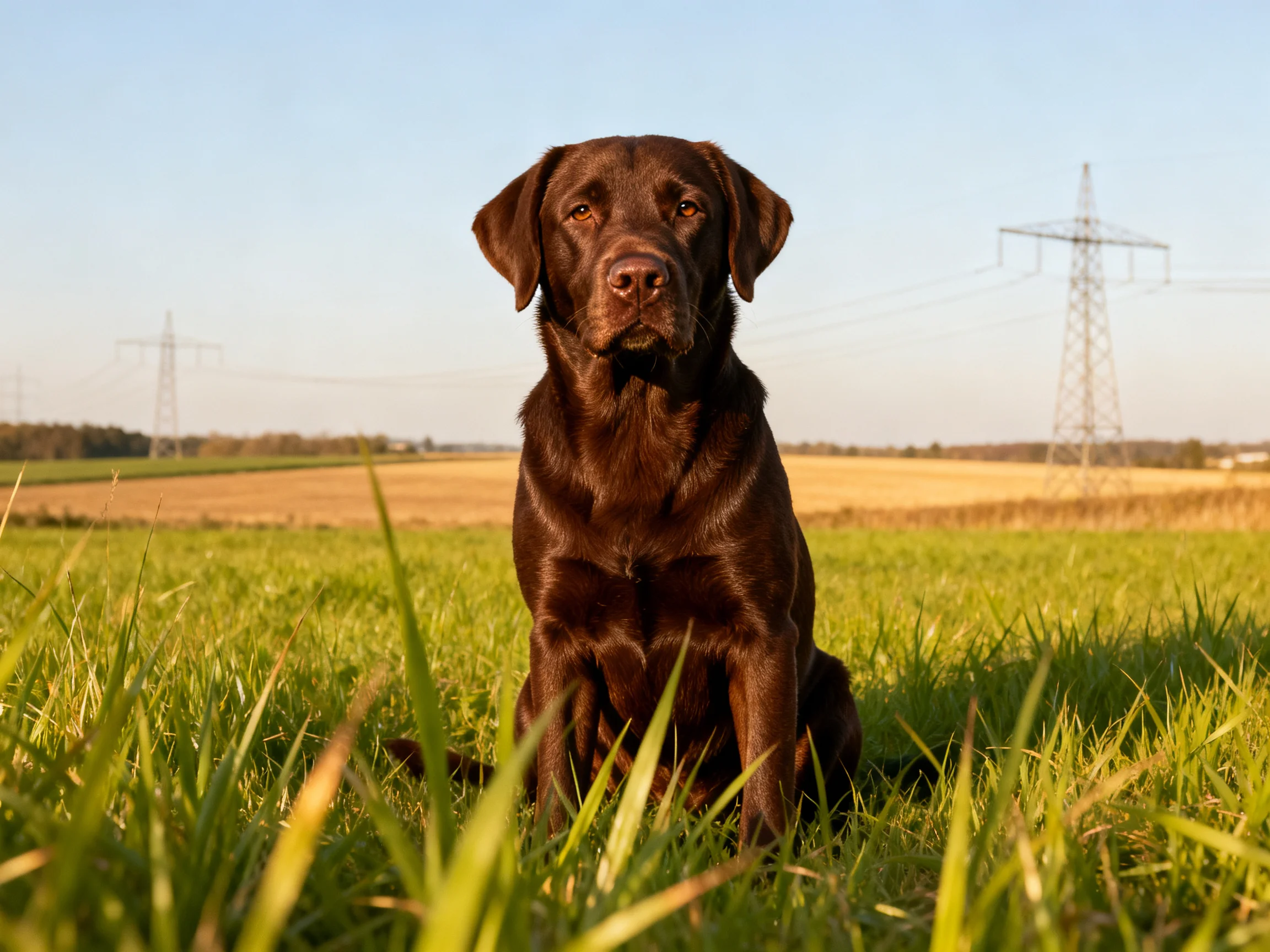 A chocolate Labrador sits in lush green grass near power towers