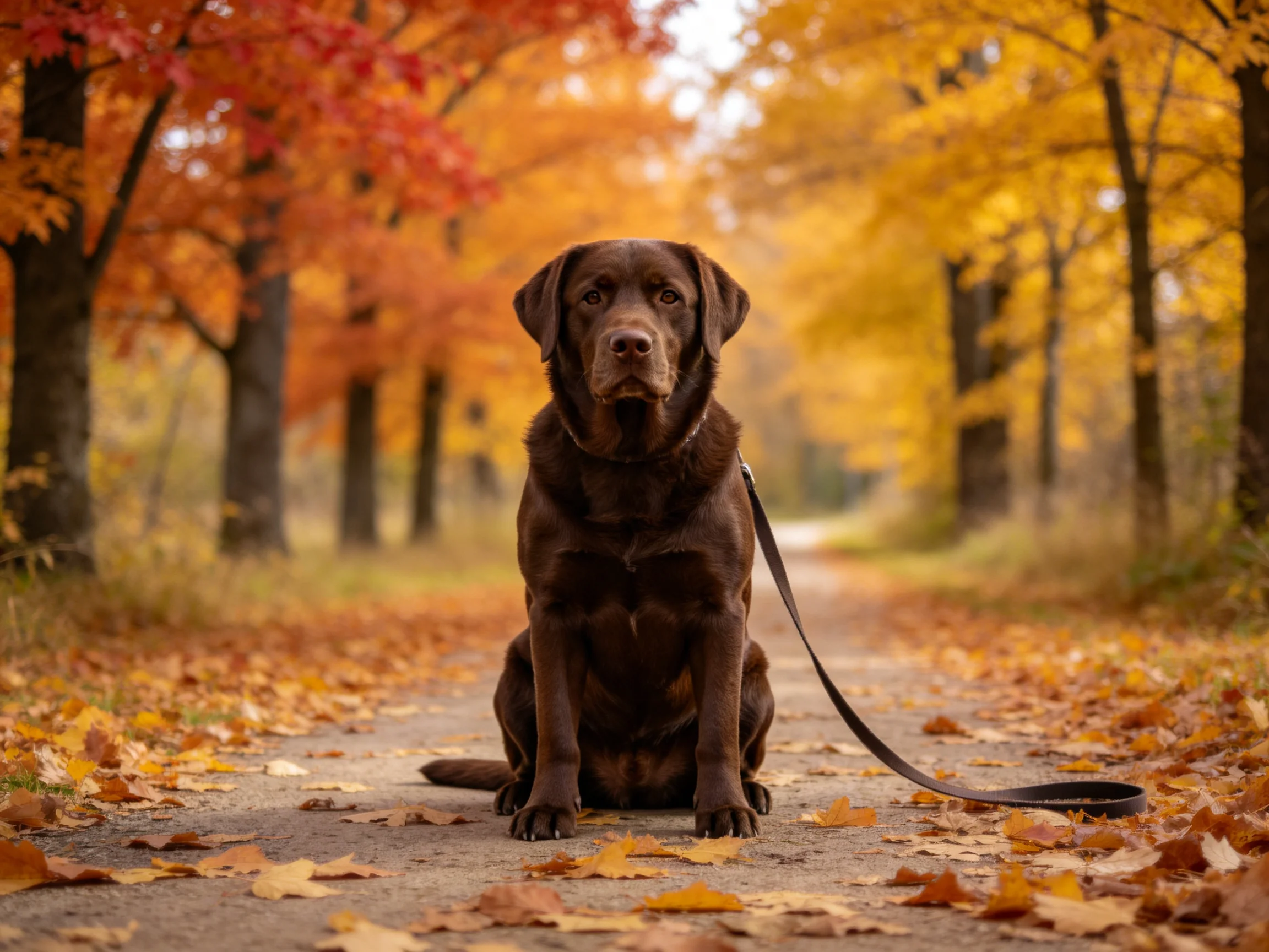 A chocolate Labrador sits on a leaf-strewn path amid vibrant fall foliage