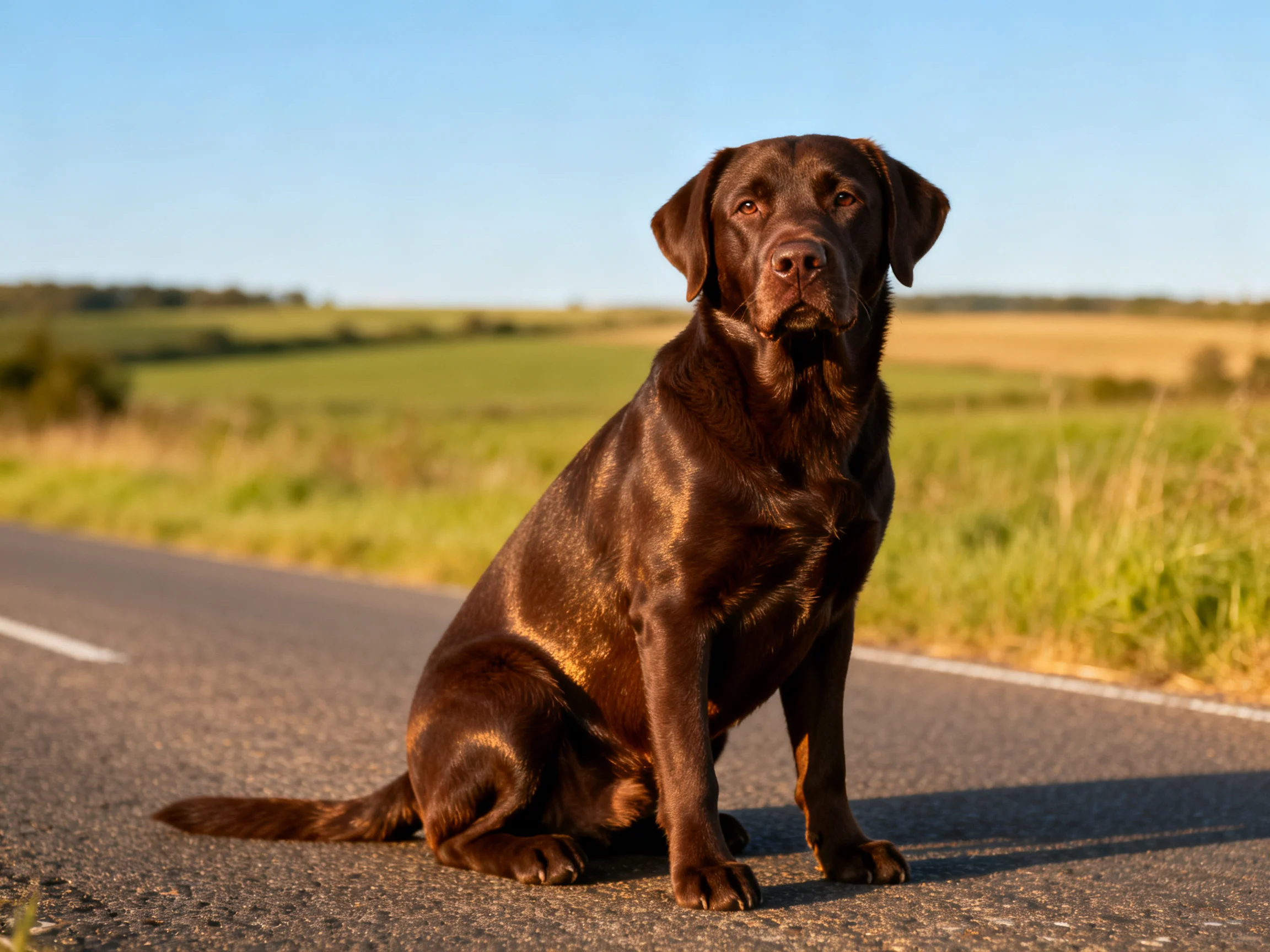 A chocolate Labrador sits on a paved road near green fields