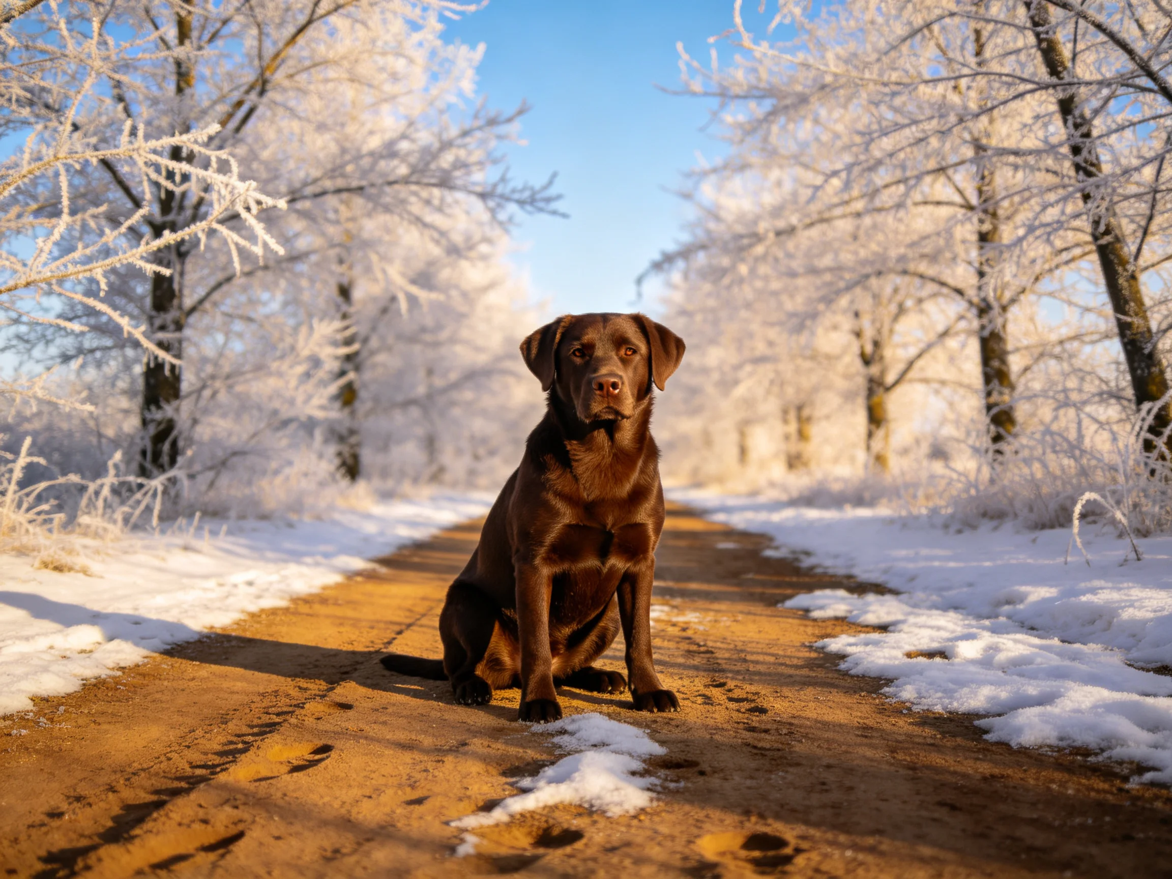 A chocolate Labrador sits on a snow-dusted dirt road amid frost-covered trees