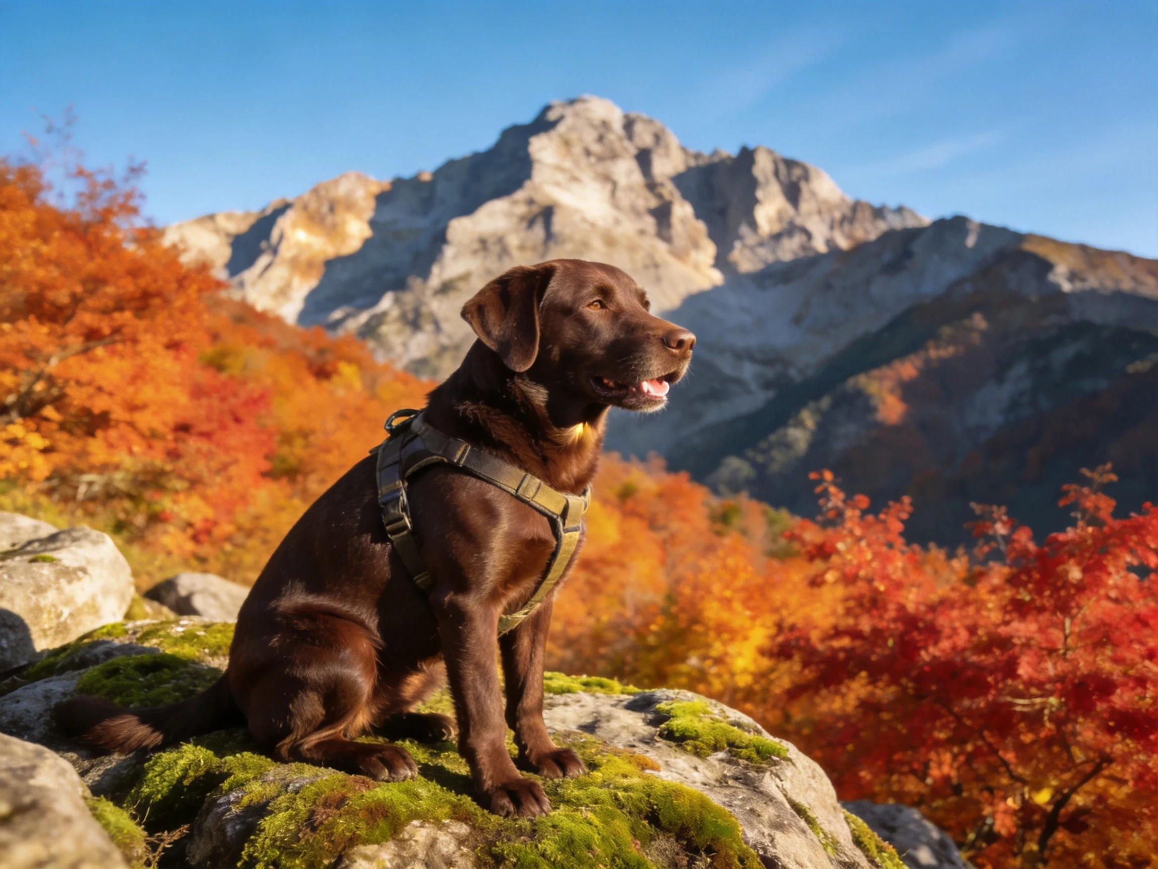 A chocolate Labrador sits on mossy rocks amid vibrant fall foliage near a rocky mountain
