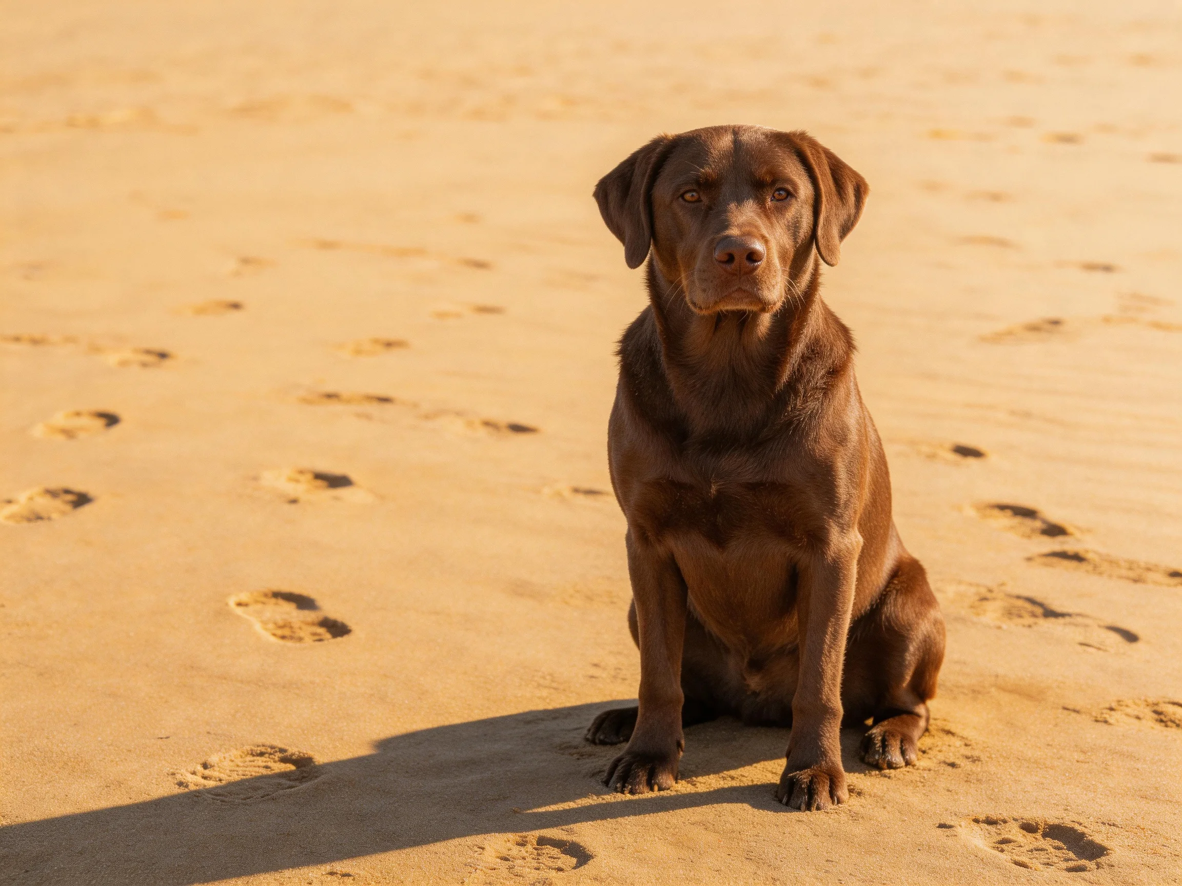 A chocolate Labrador sits on sandy beach with footprints around
