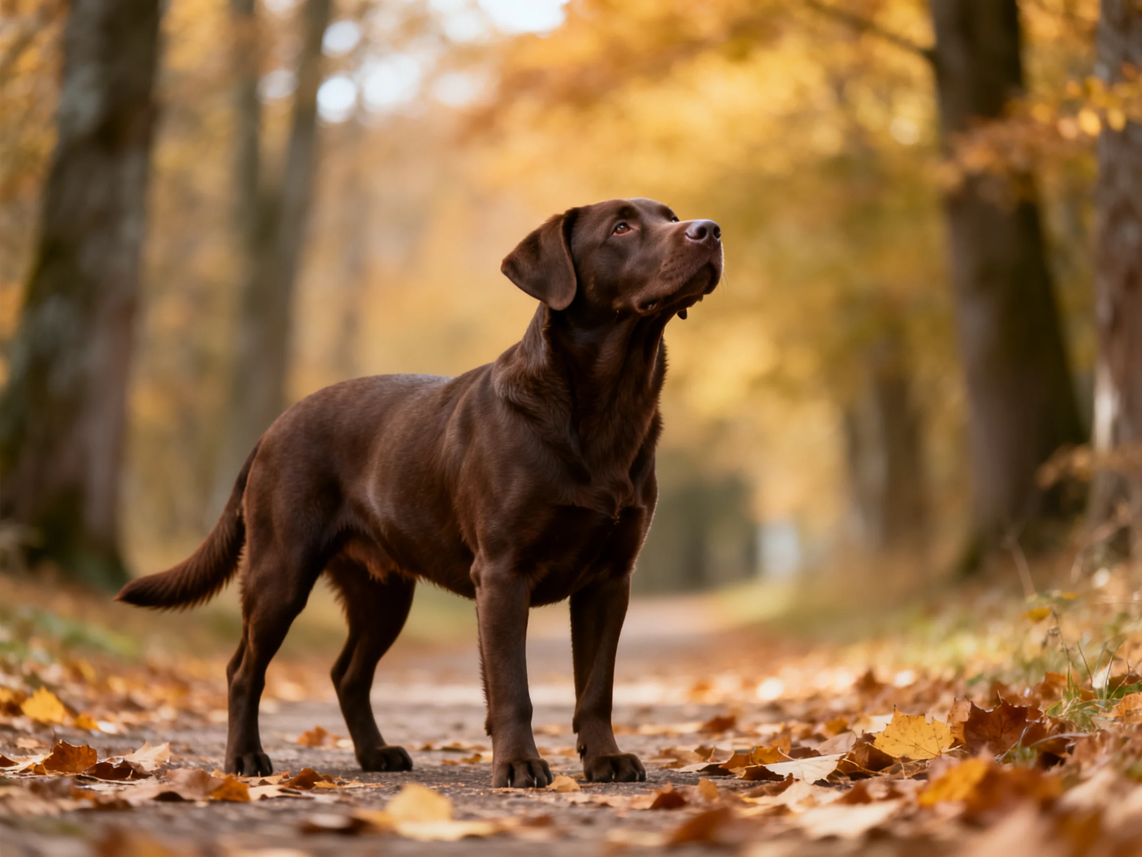 A chocolate Labrador stands amid golden autumn leaves on a leaf-strewn path