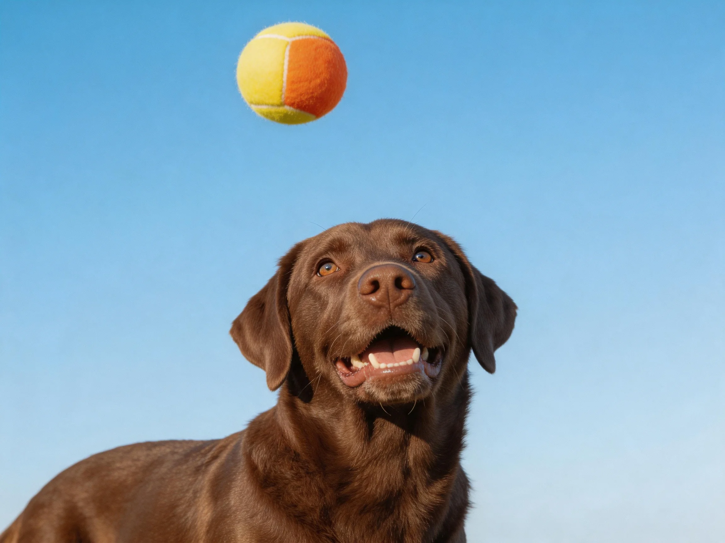 A chocolate Labrador watches a two - colored tennis ball under a clear blue sky