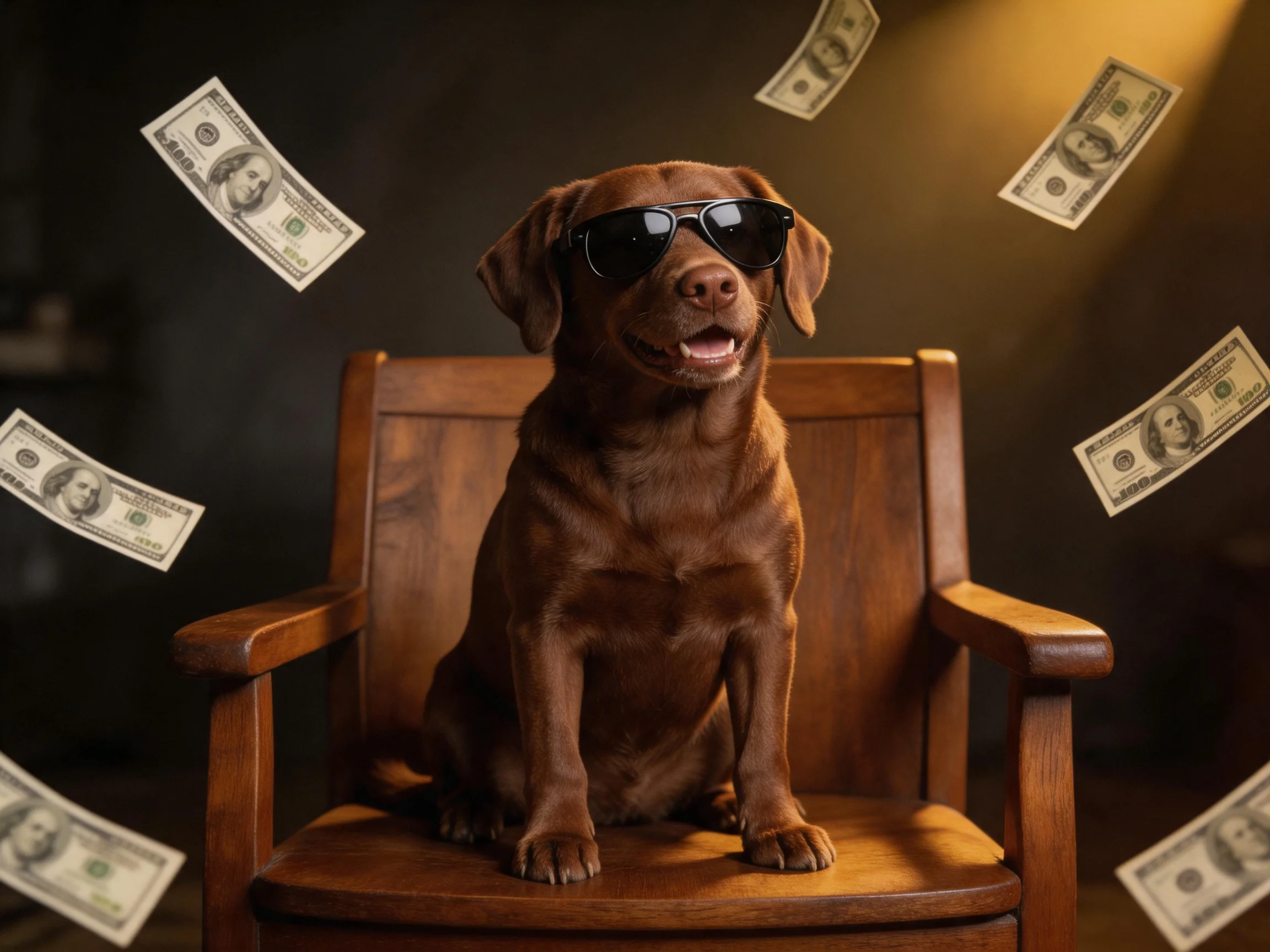 A chocolate Labrador wearing sunglasses sits on a wooden chair amid falling dollar bills