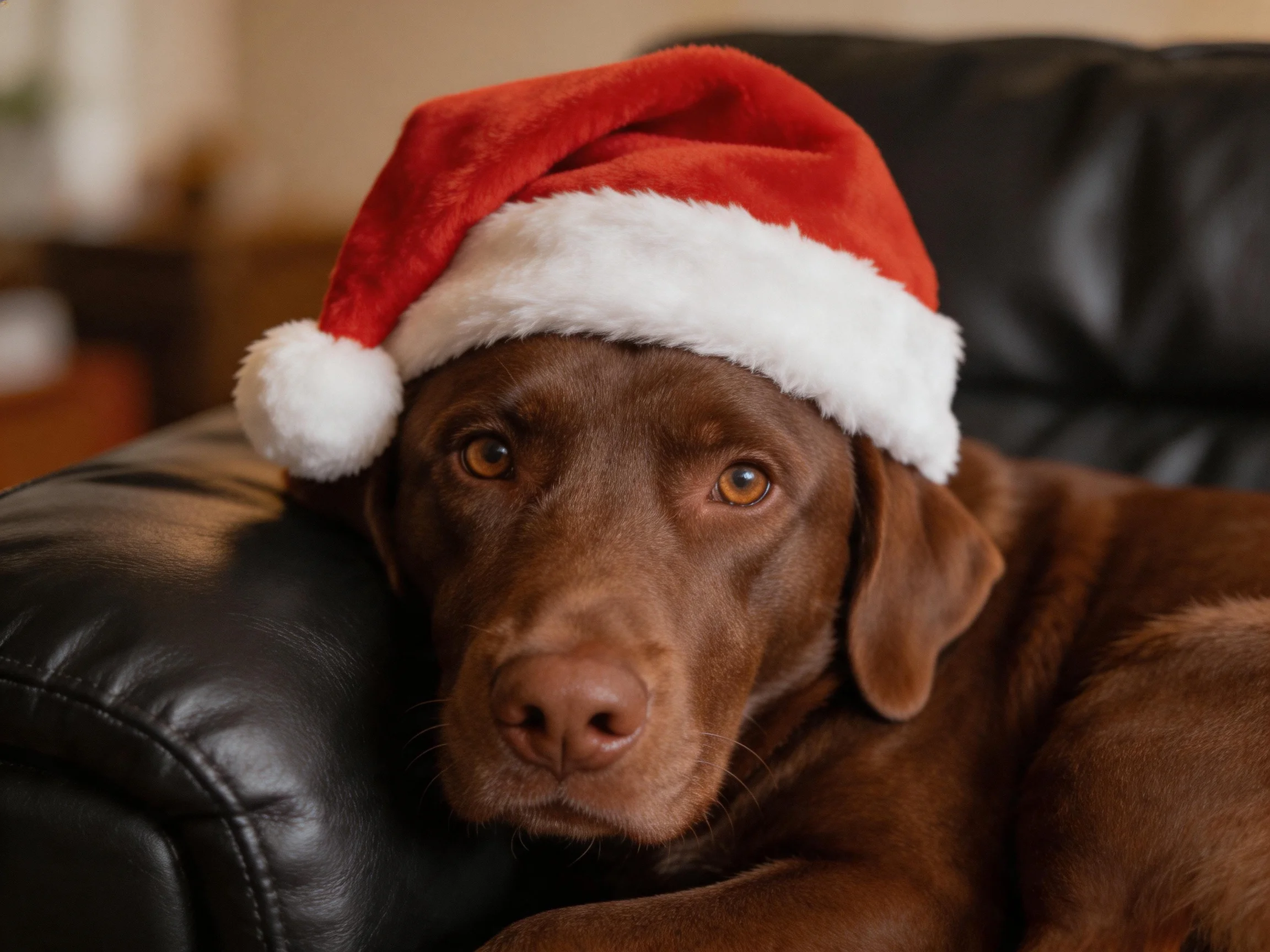 A chocolate Labrador wears a red Santa hat on a black leather couch