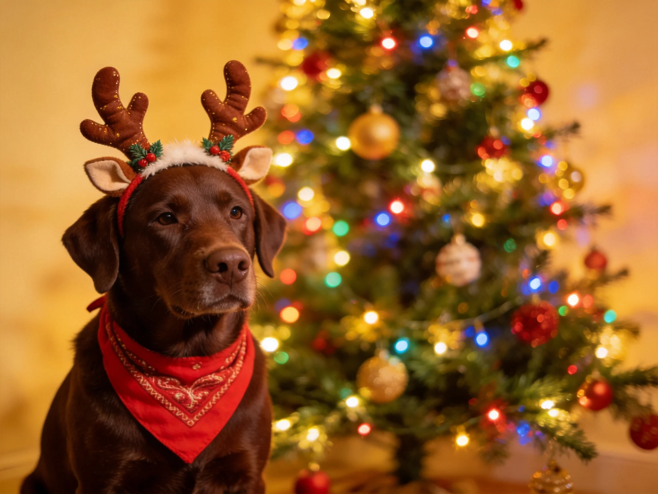 A chocolate Labrador in festive attire sits beside a lit Christmas tree.