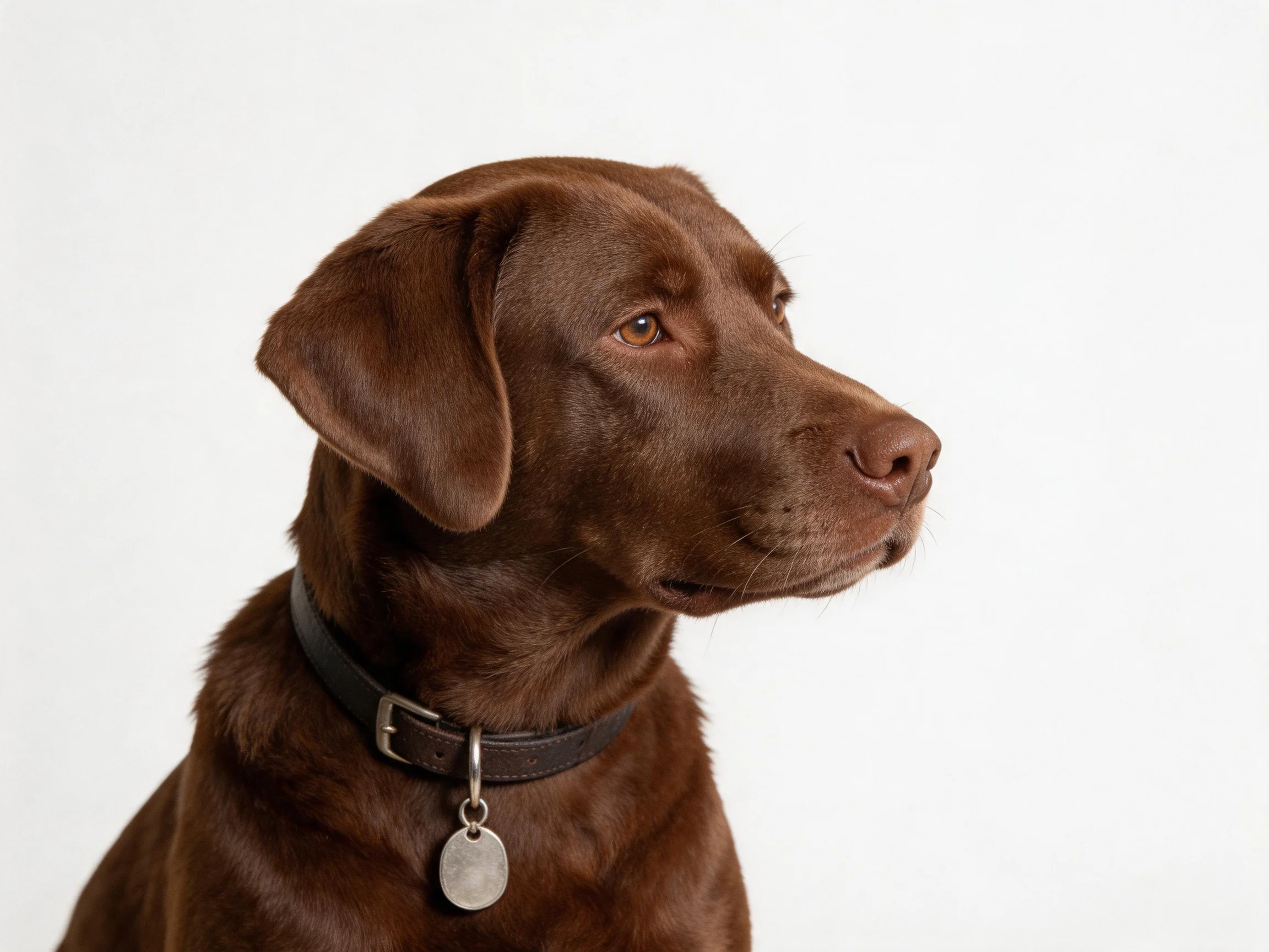 A chocolate Labrador wears a collar with a tag while looking to the side.