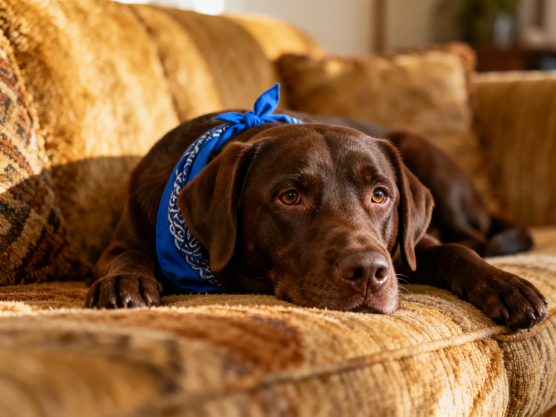 A chocolate Labrador with a blue bandana lies on a patterned couch