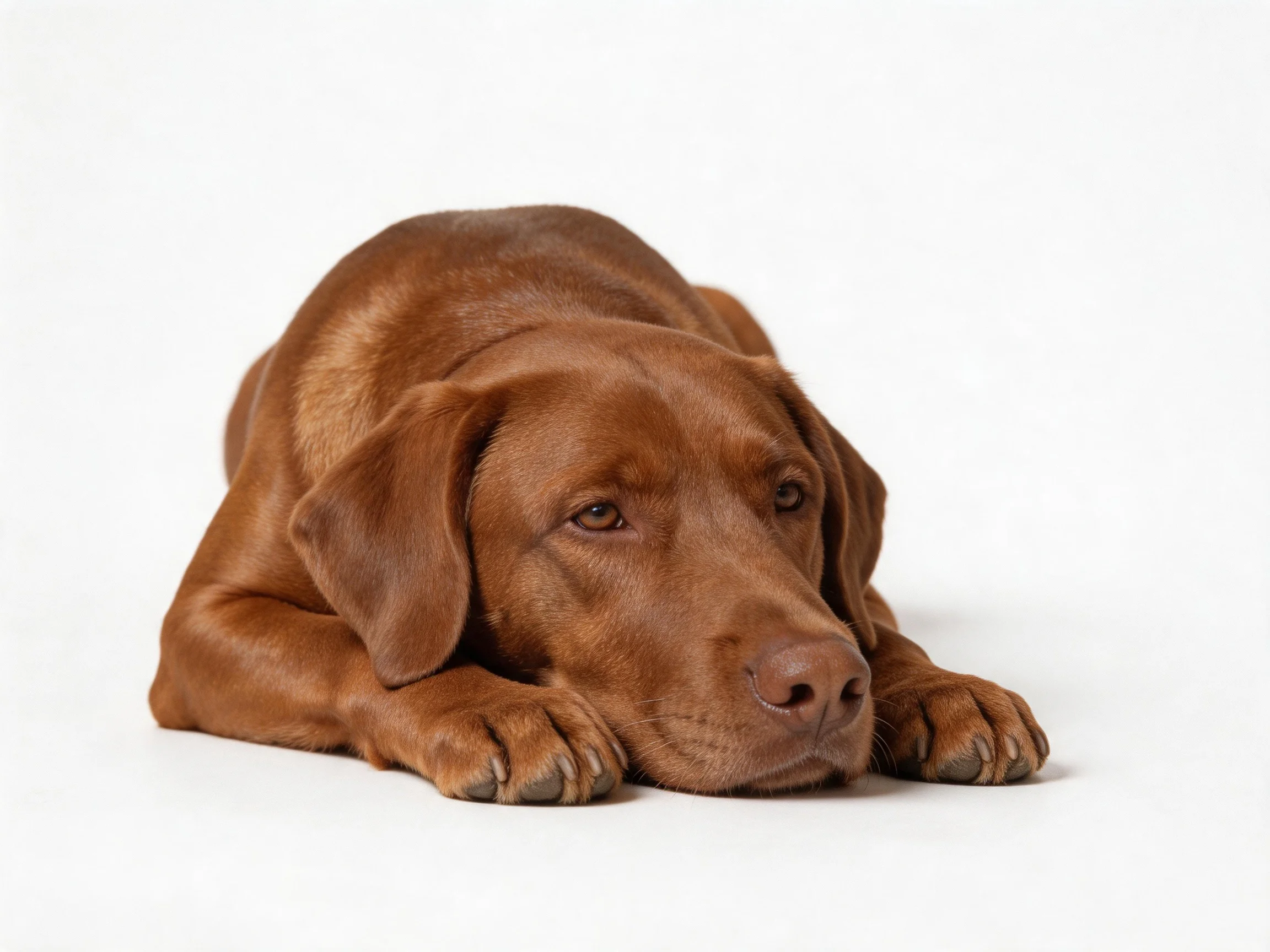 A chocolate-brown Labrador retriever rests on a white surface