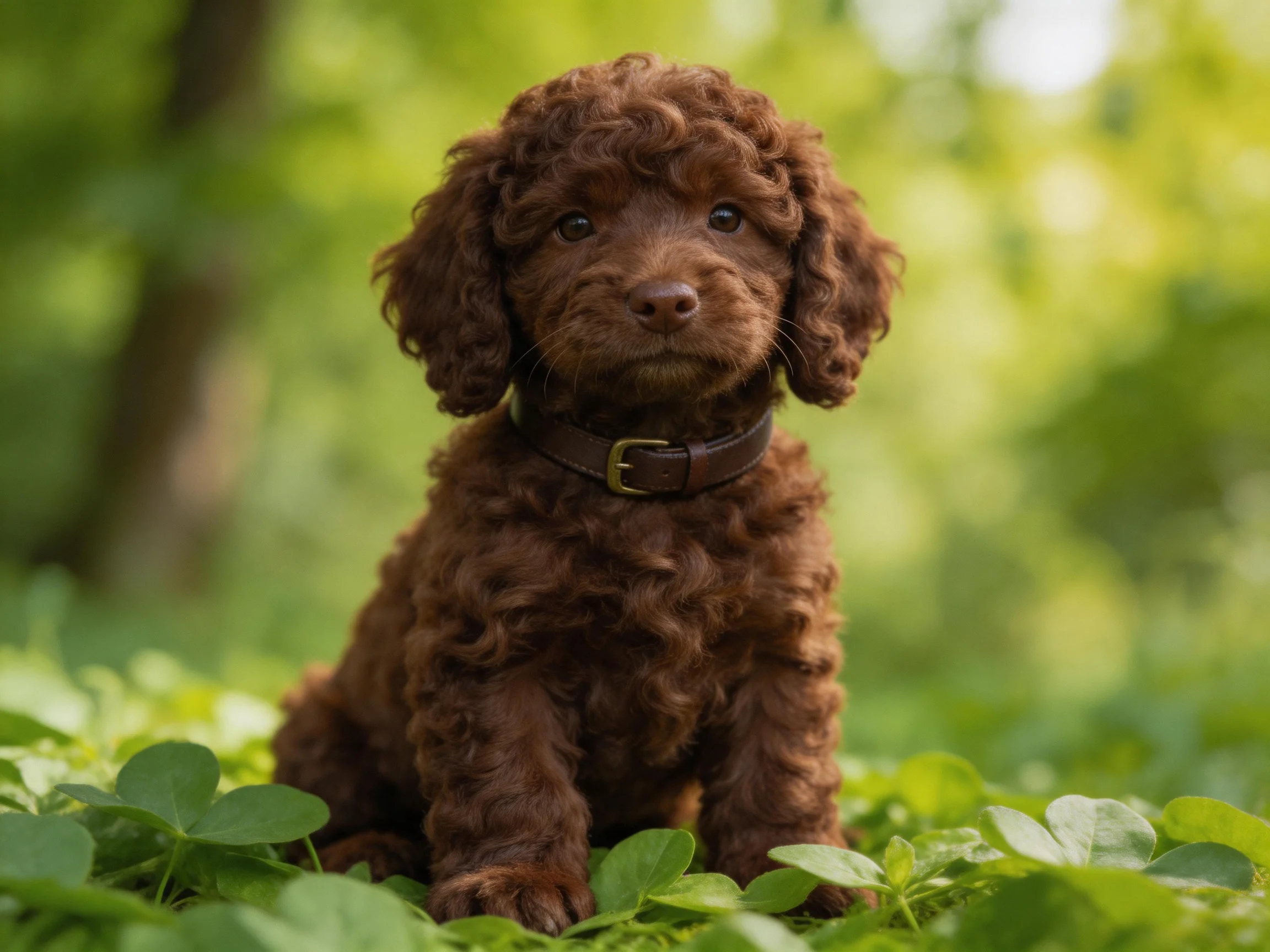A chocolate-brown curly-haired puppy sits amid lush greenery.