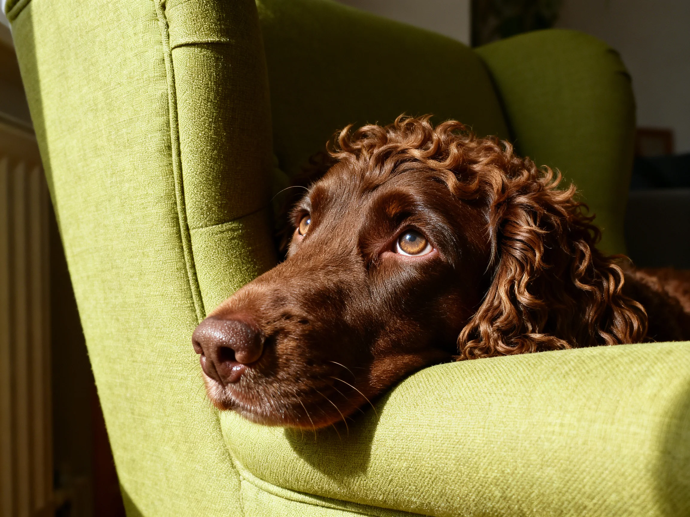 A chocolate-brown dog relaxes on a lime-green armchair.