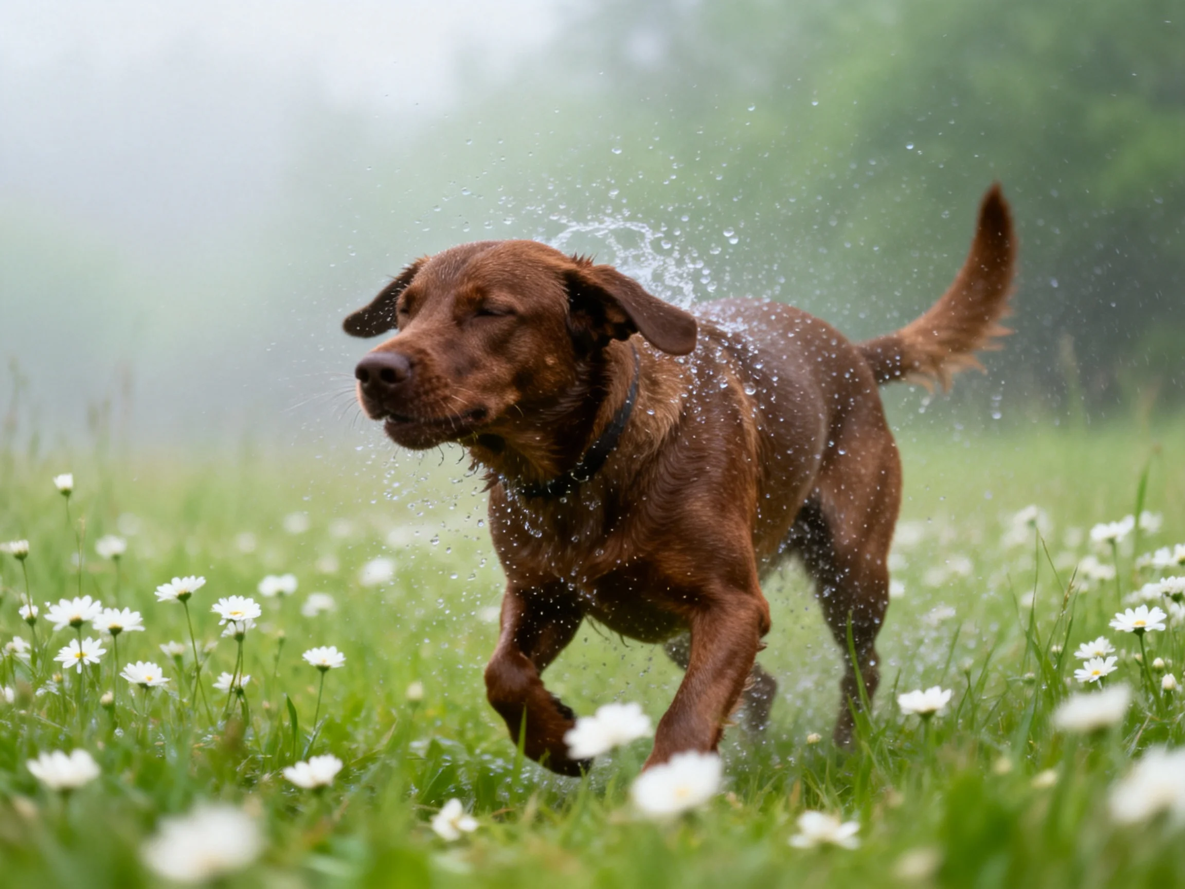 A brown dog runs through a flowered meadow with water spraying around it.