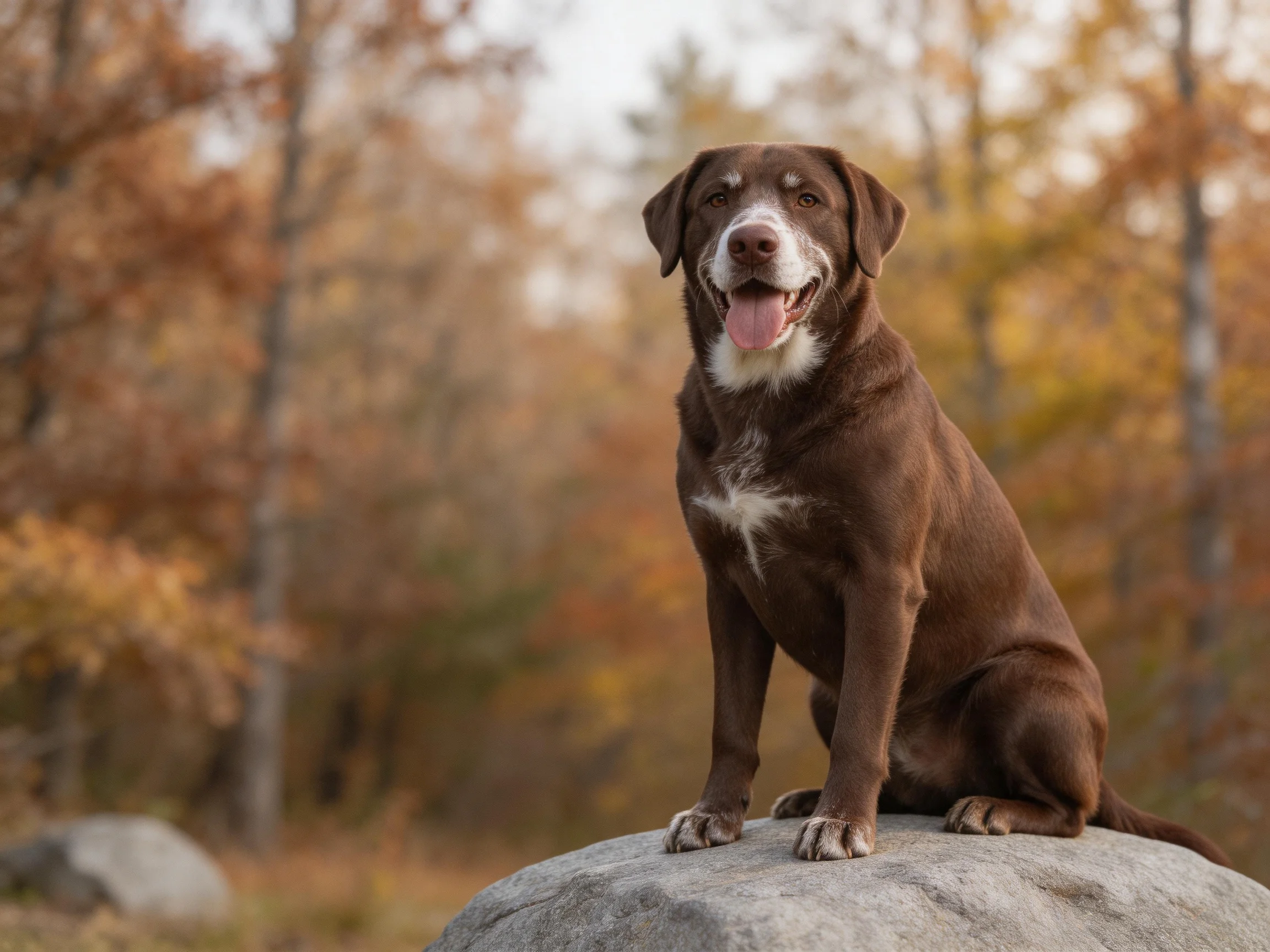 A brown dog with white markings sits on a rock near autumn trees.
