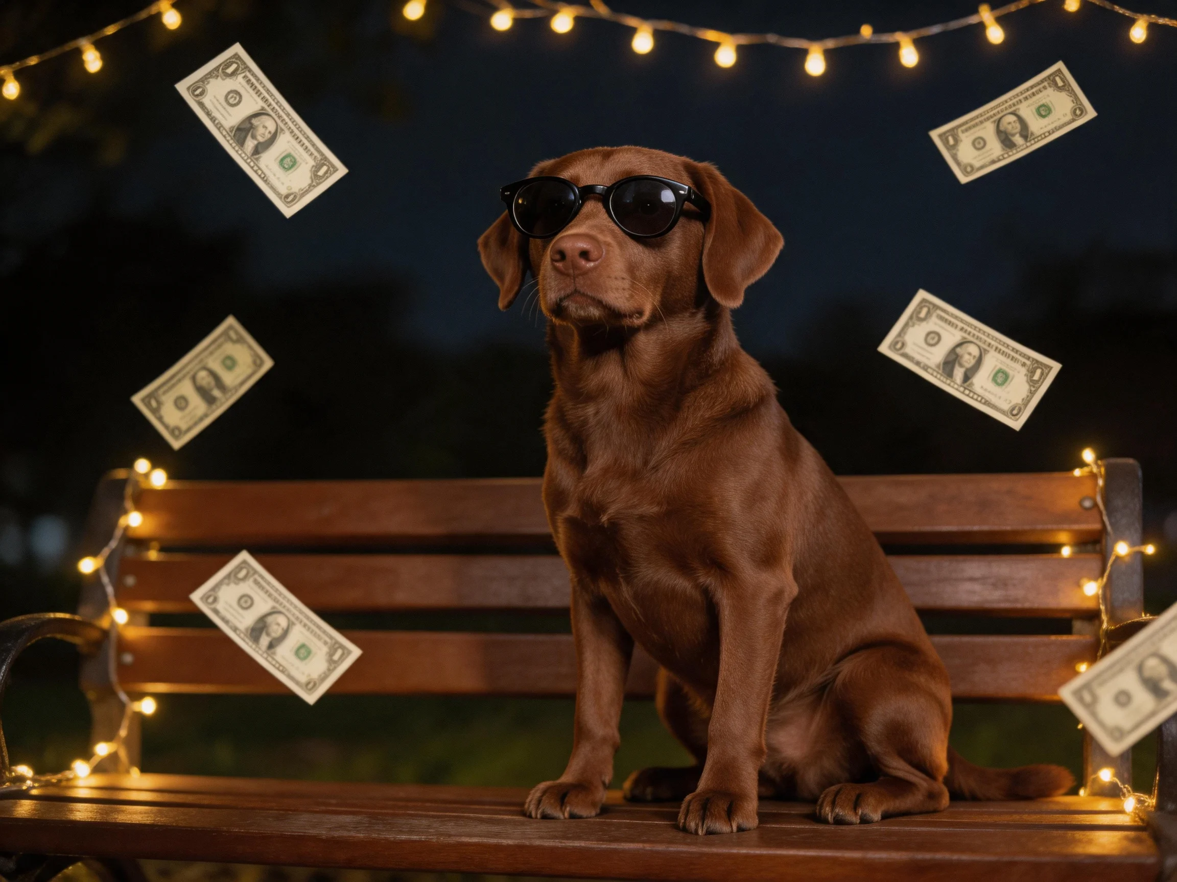 A chocolate-brown dog wearing sunglasses sits on a wooden bench with floating dollar bills
