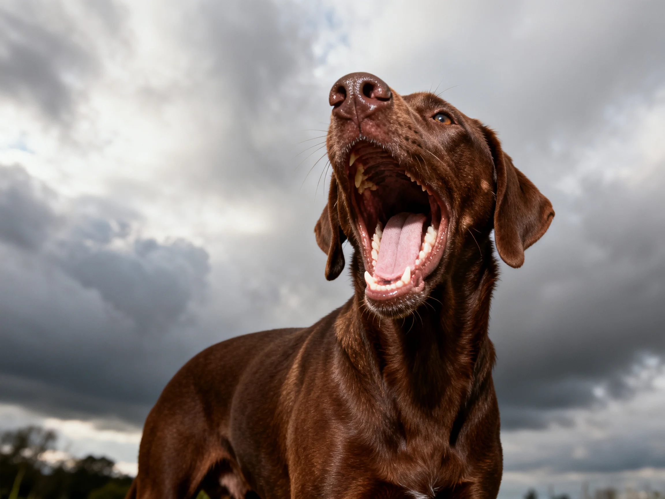 A chocolate-brown dog yawning dramatically under stormy skies