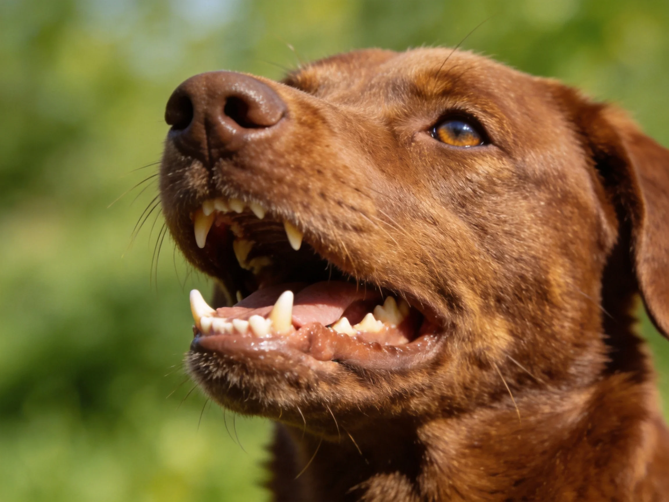 A chocolate-brown dog’s open mouth shows teeth in a sunny outdoor space