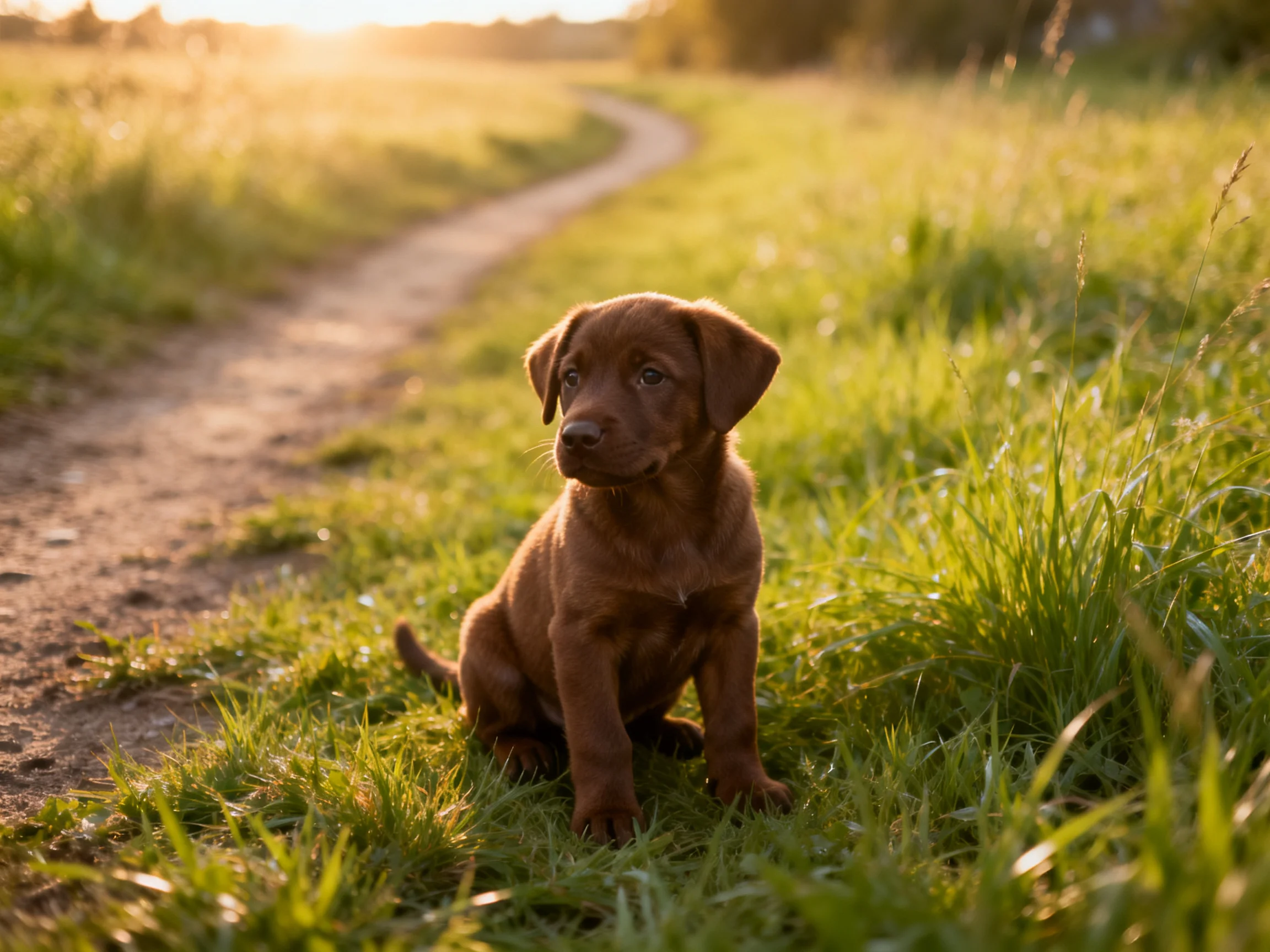 A young brown dog sits calmly beside a dirt path in a sunlit meadow.