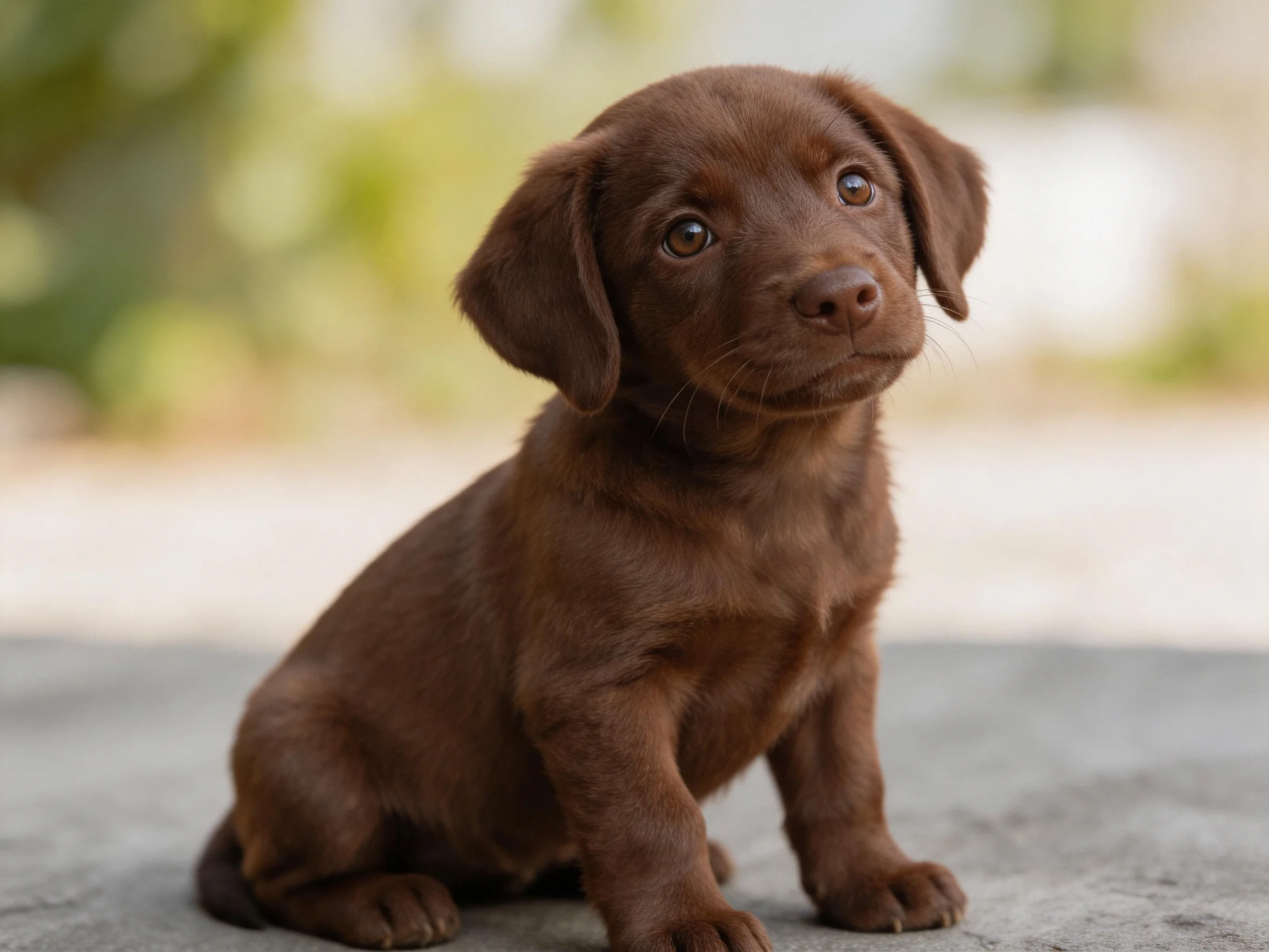 A chocolate brown puppy sitting attentively on a gray surface with a blurred outdoor backdrop