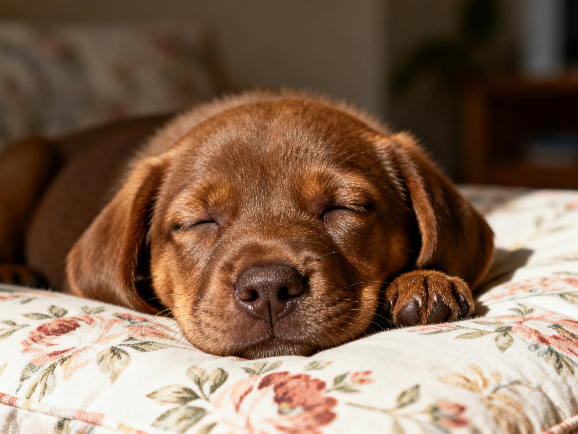 A chocolate-brown puppy sleeps on a floral-patterned cushion
