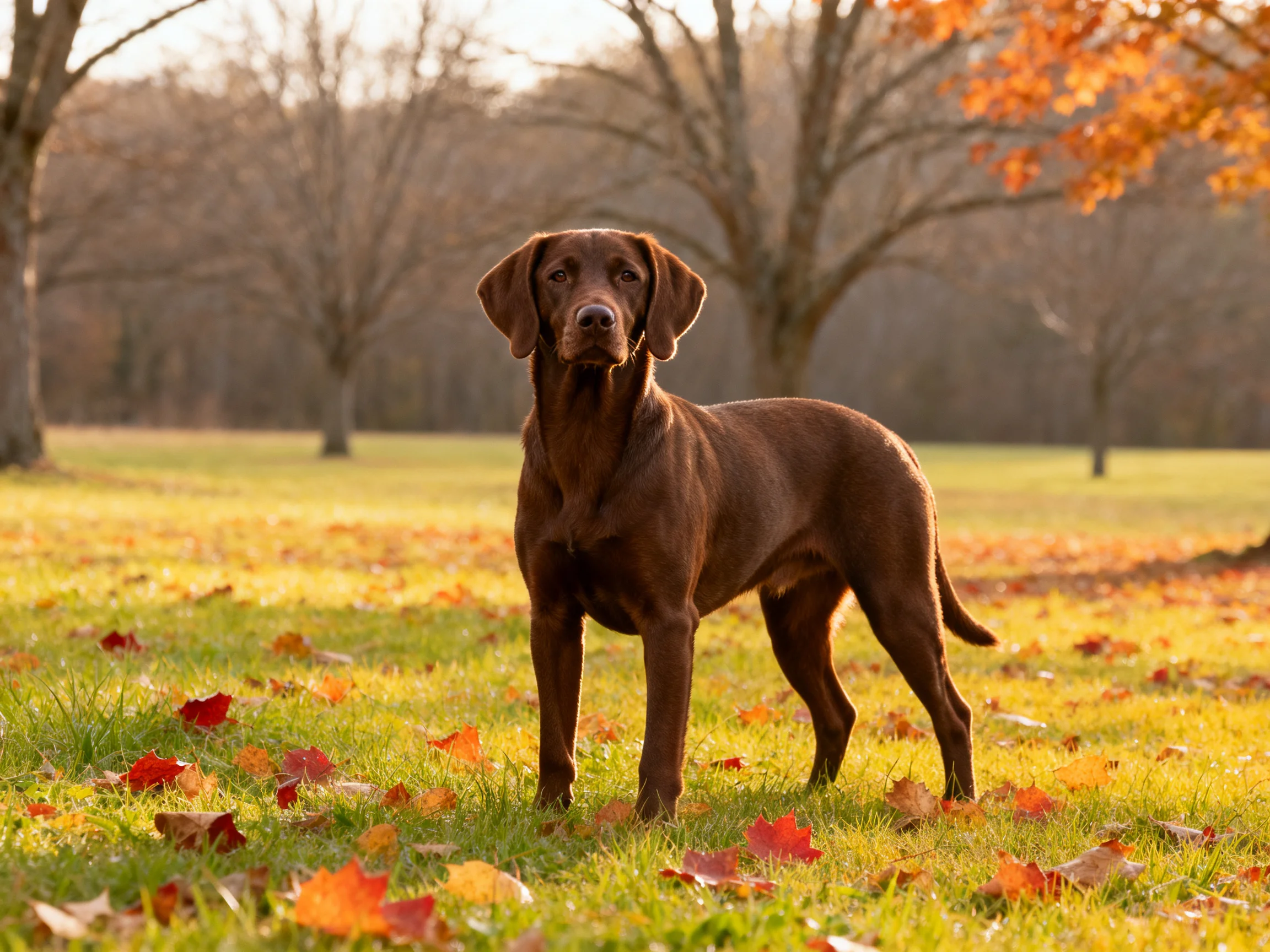 A chocolate-coated dog amid autumn leaves in a sunlit park