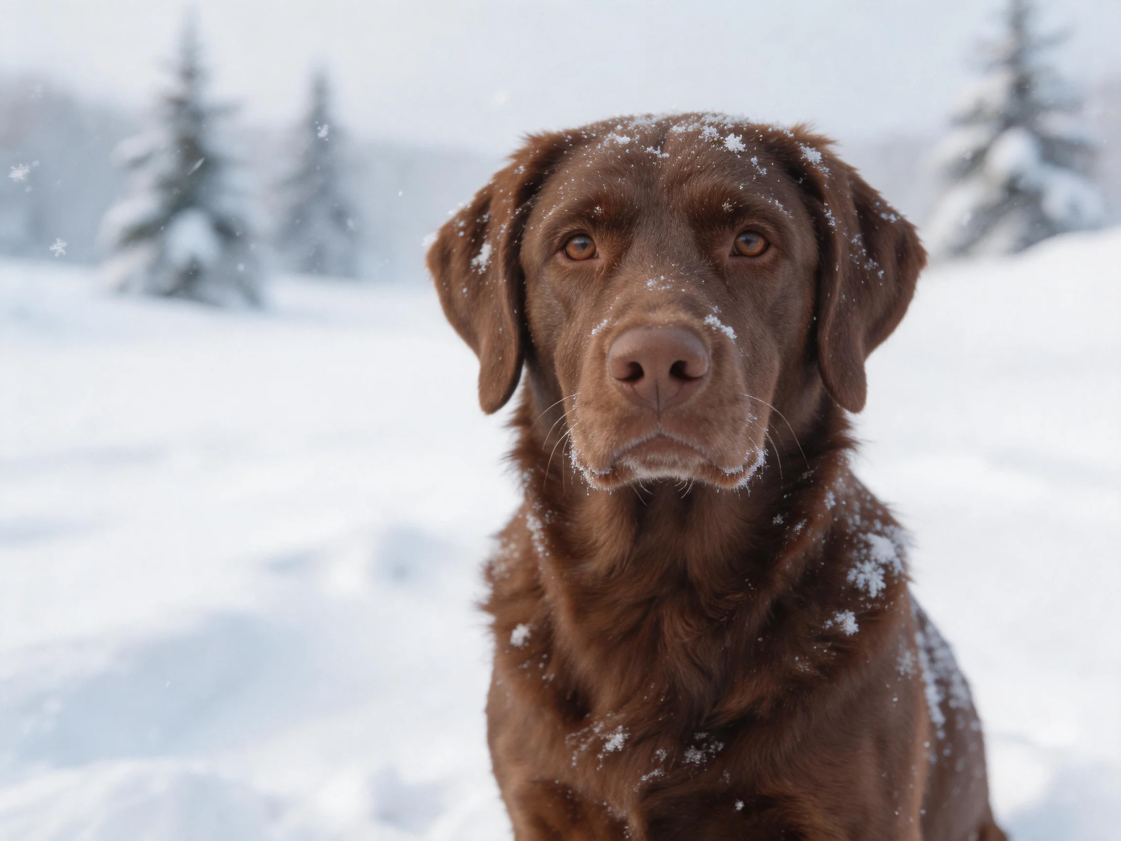 A chocolate dog in a snowy landscape with evergreen trees