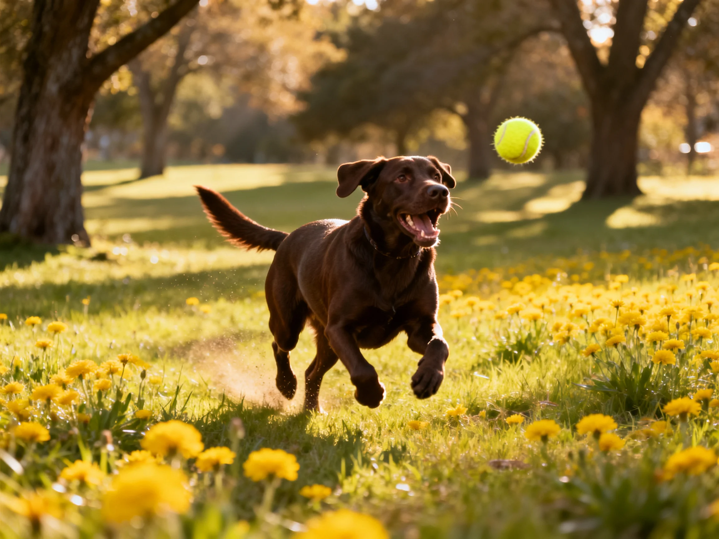 A chocolate lab chases a bright yellow tennis ball amid golden dandelions