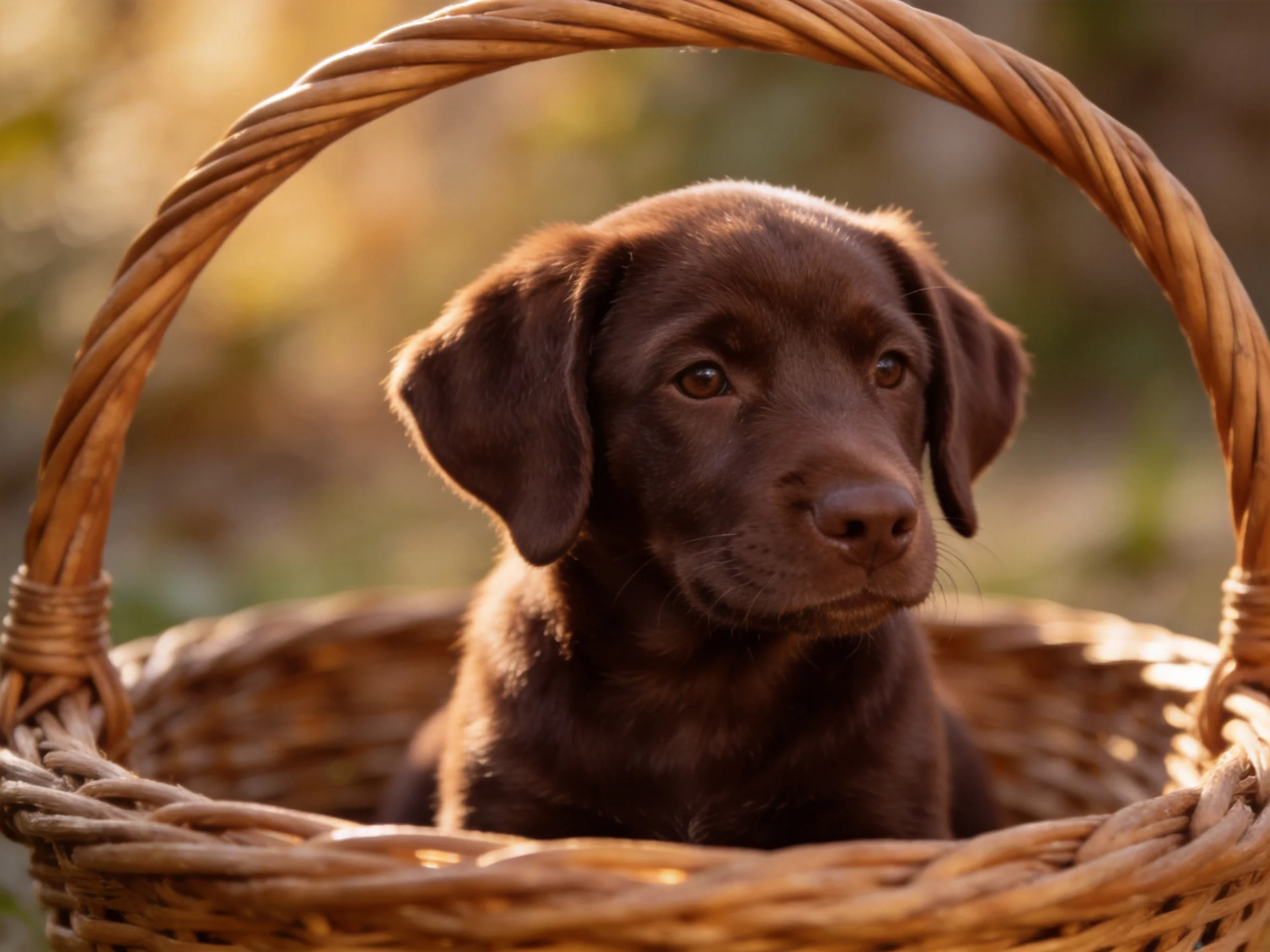 A chocolate puppy sits in a large wicker basket outdoors