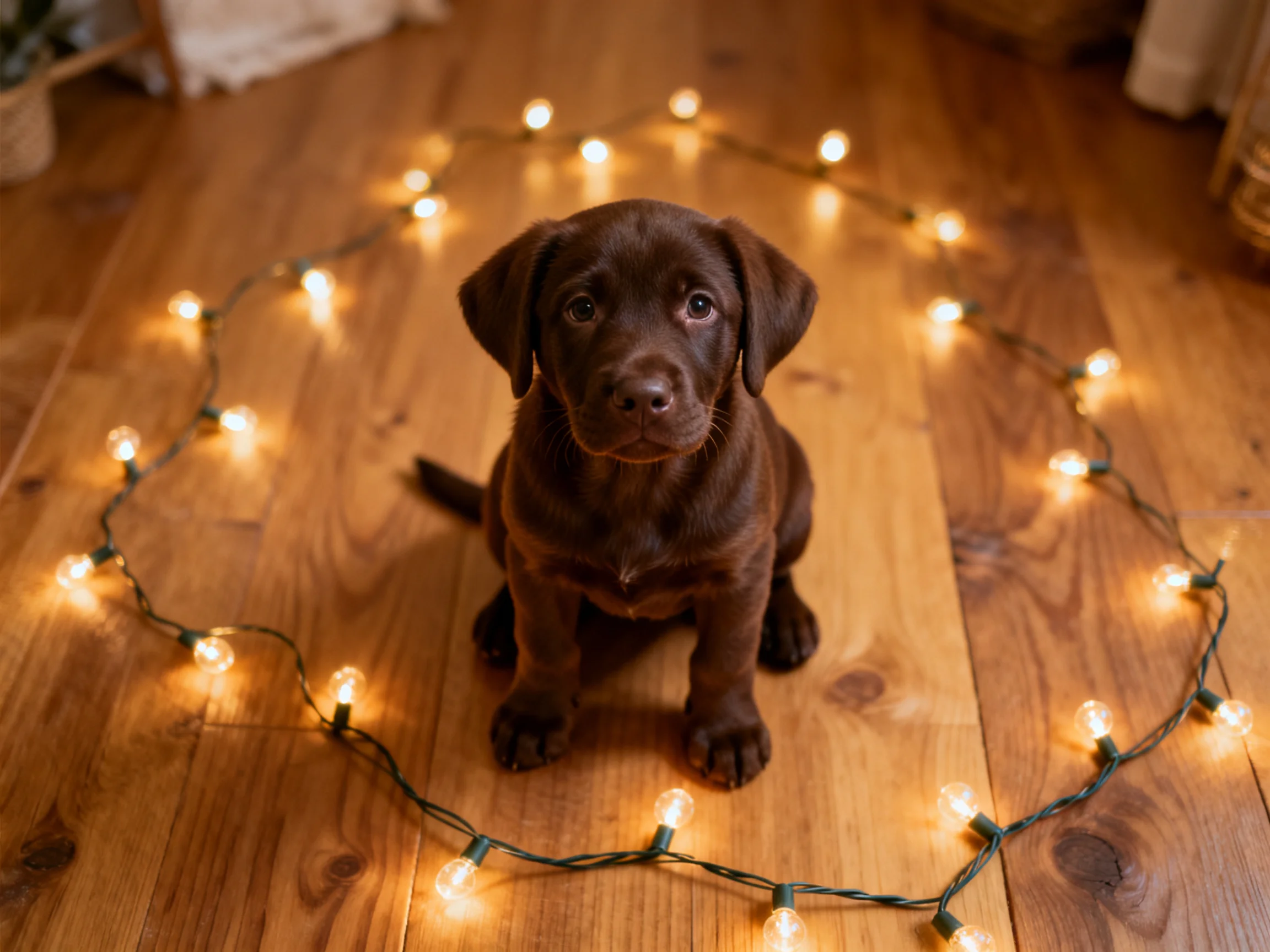 A chocolate puppy surrounded by glowing string lights on wooden flooring