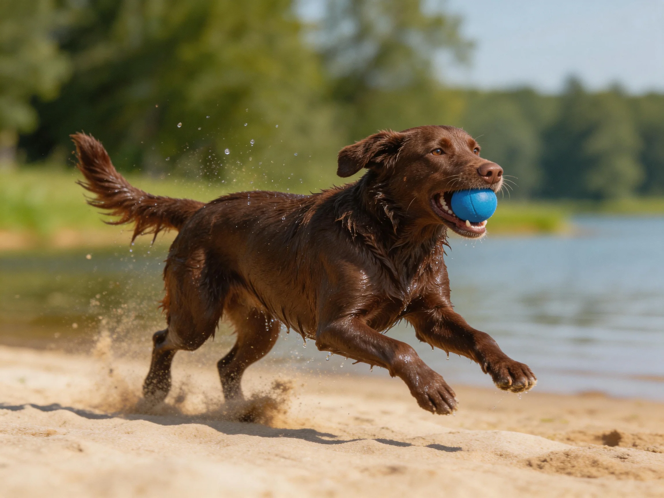 A chocolate retriever runs along a sandy lakeshore carrying a blue ball.