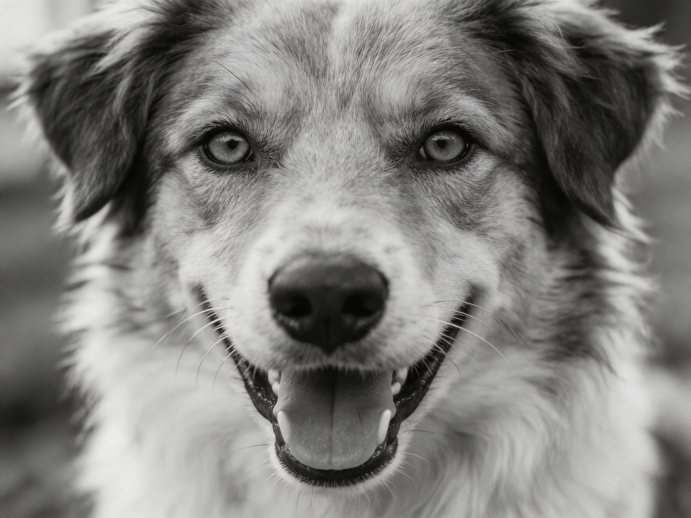 A black - and - white close - up of a mixed - breed dog with a happy expression.