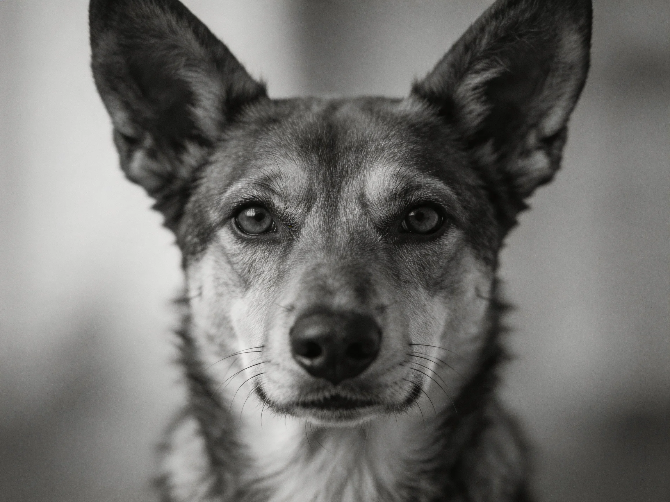 A close - up black - and - white image of a dog with large ears.
