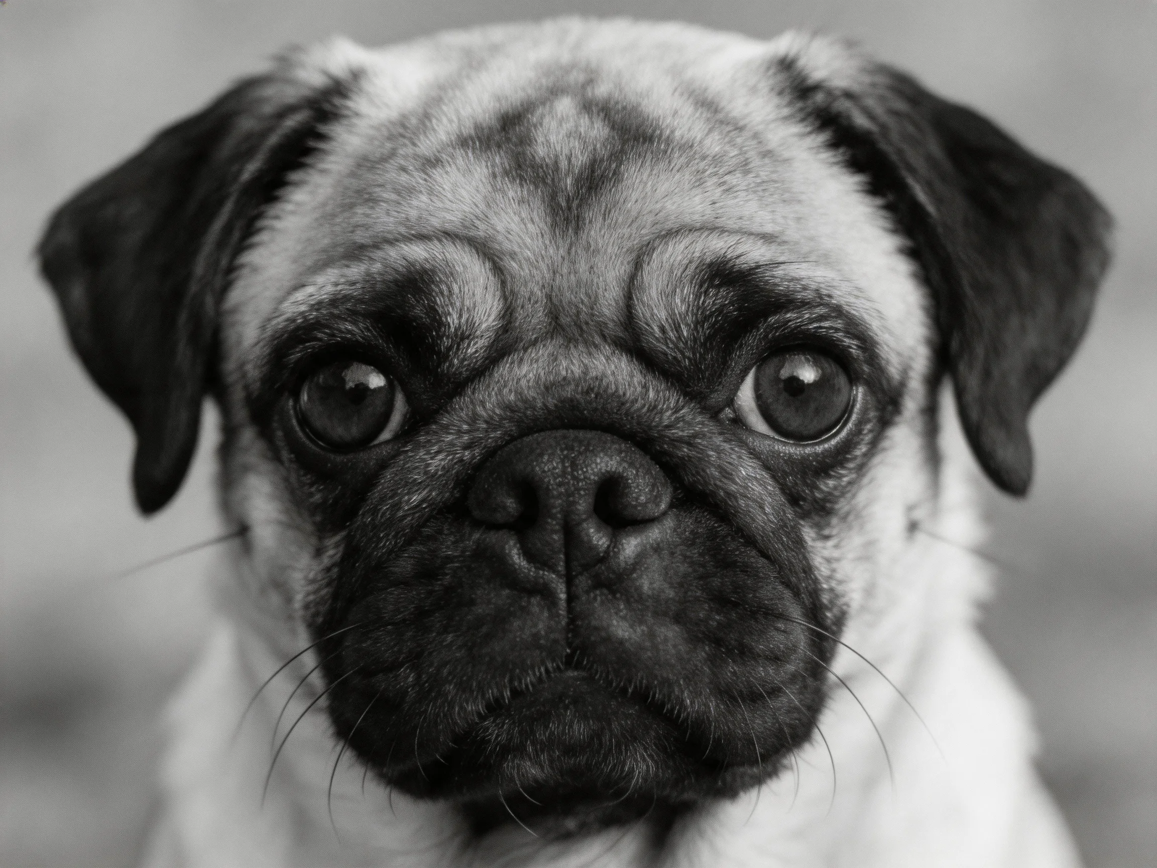 A black - and - white close - up featuring a pug’s expressive eyes and textured face