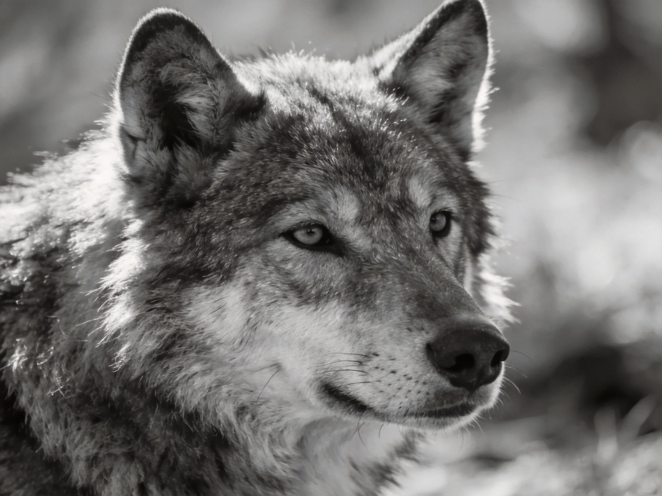 A black - and - white close - up shows a wild wolf with distinct facial features
