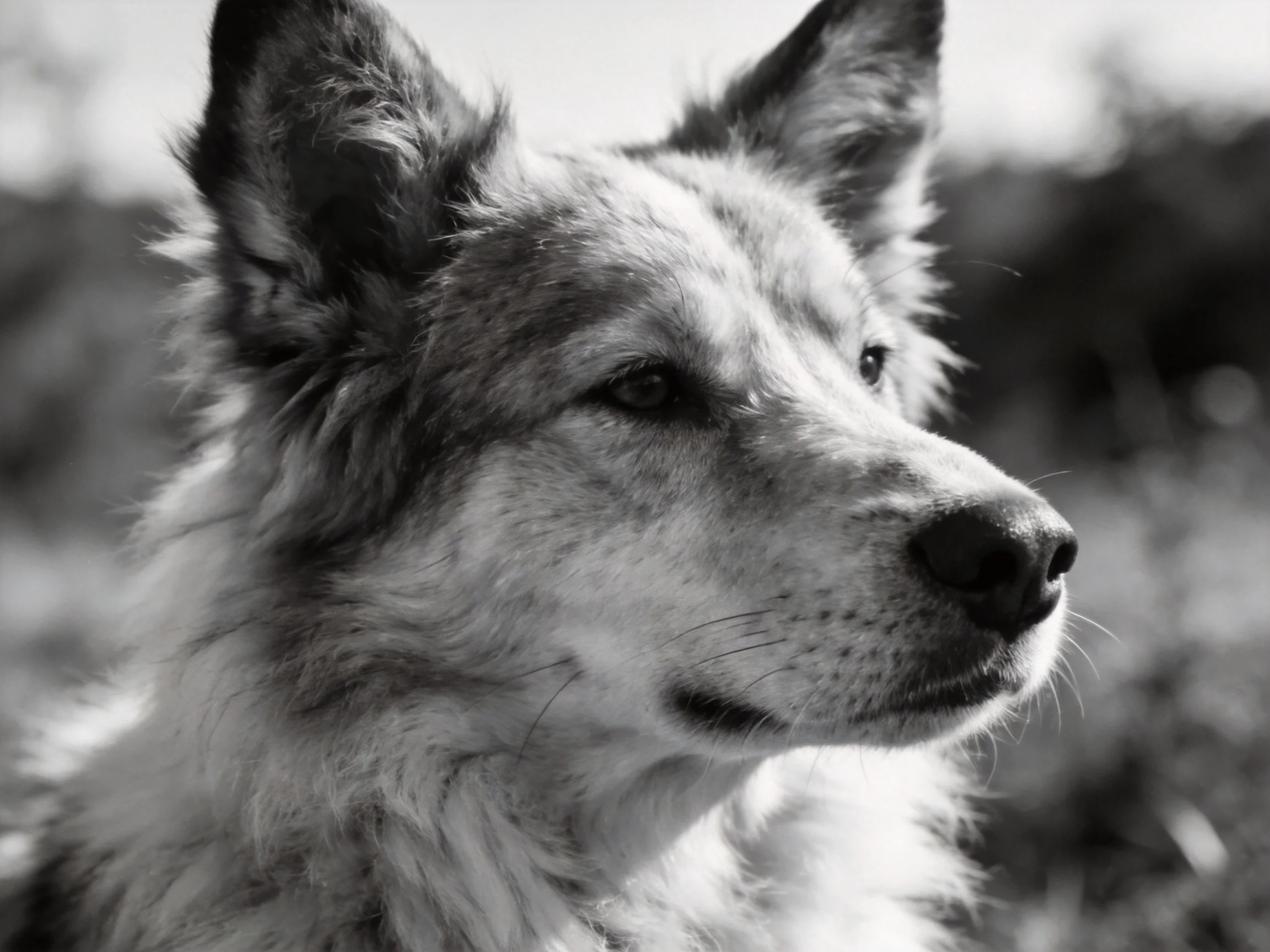 A close - up black - and - white portrait depicts a wolf - like dog with pointed ears.
