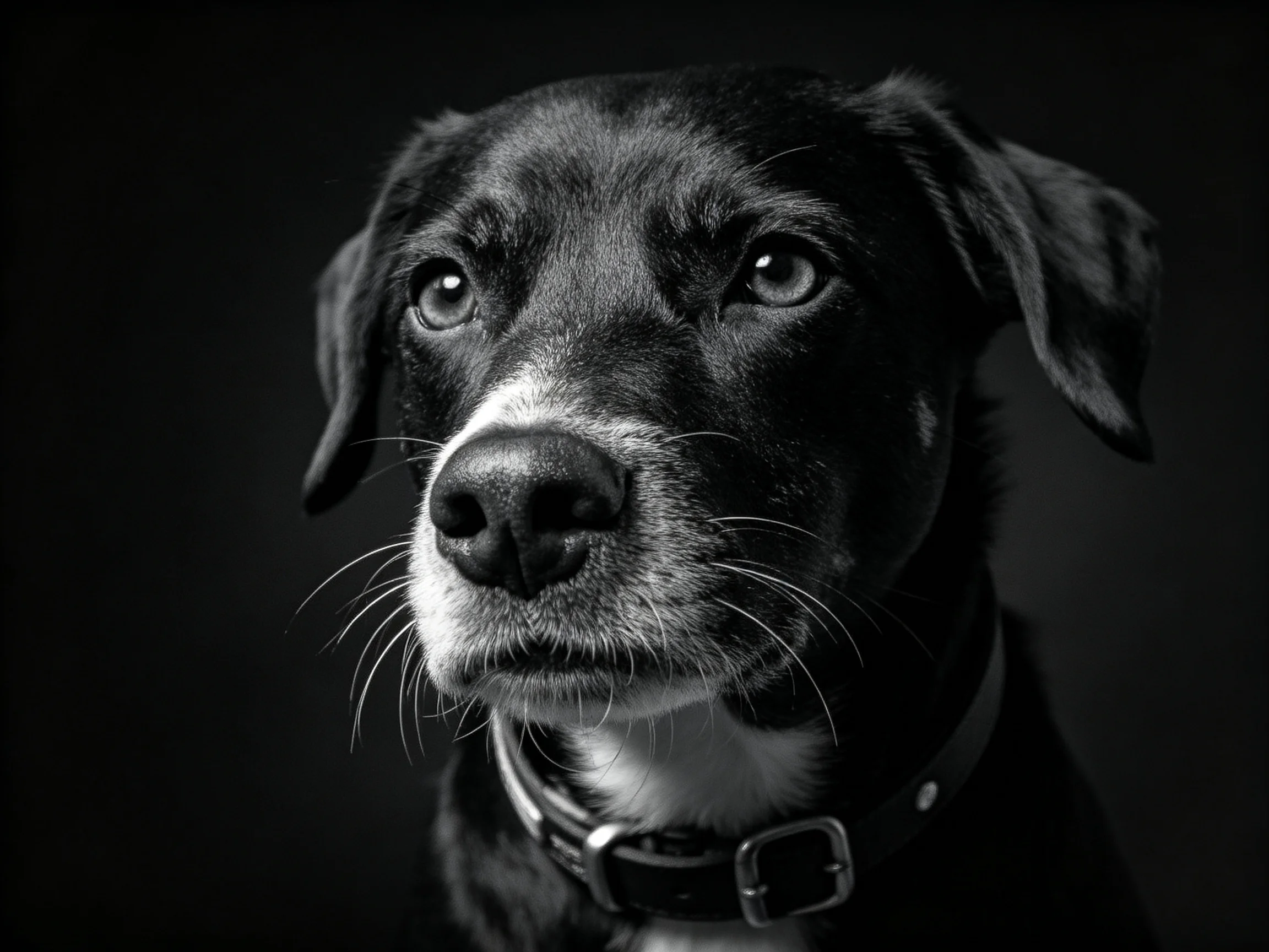 A close - up black and white portrait of a mixed breed dog gazes forward.