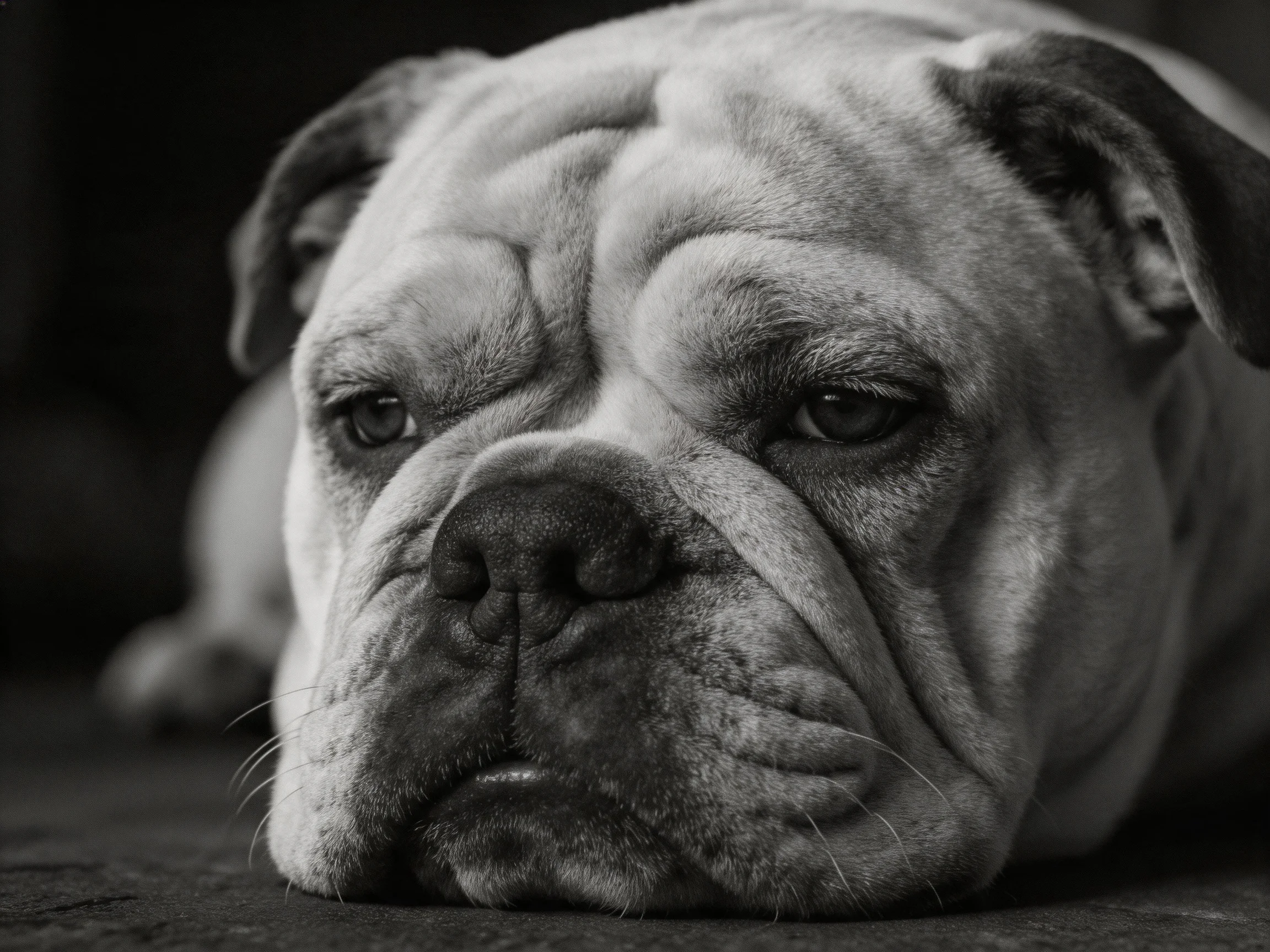 A black and white close - up shows a resting bulldog with a somber expression.
