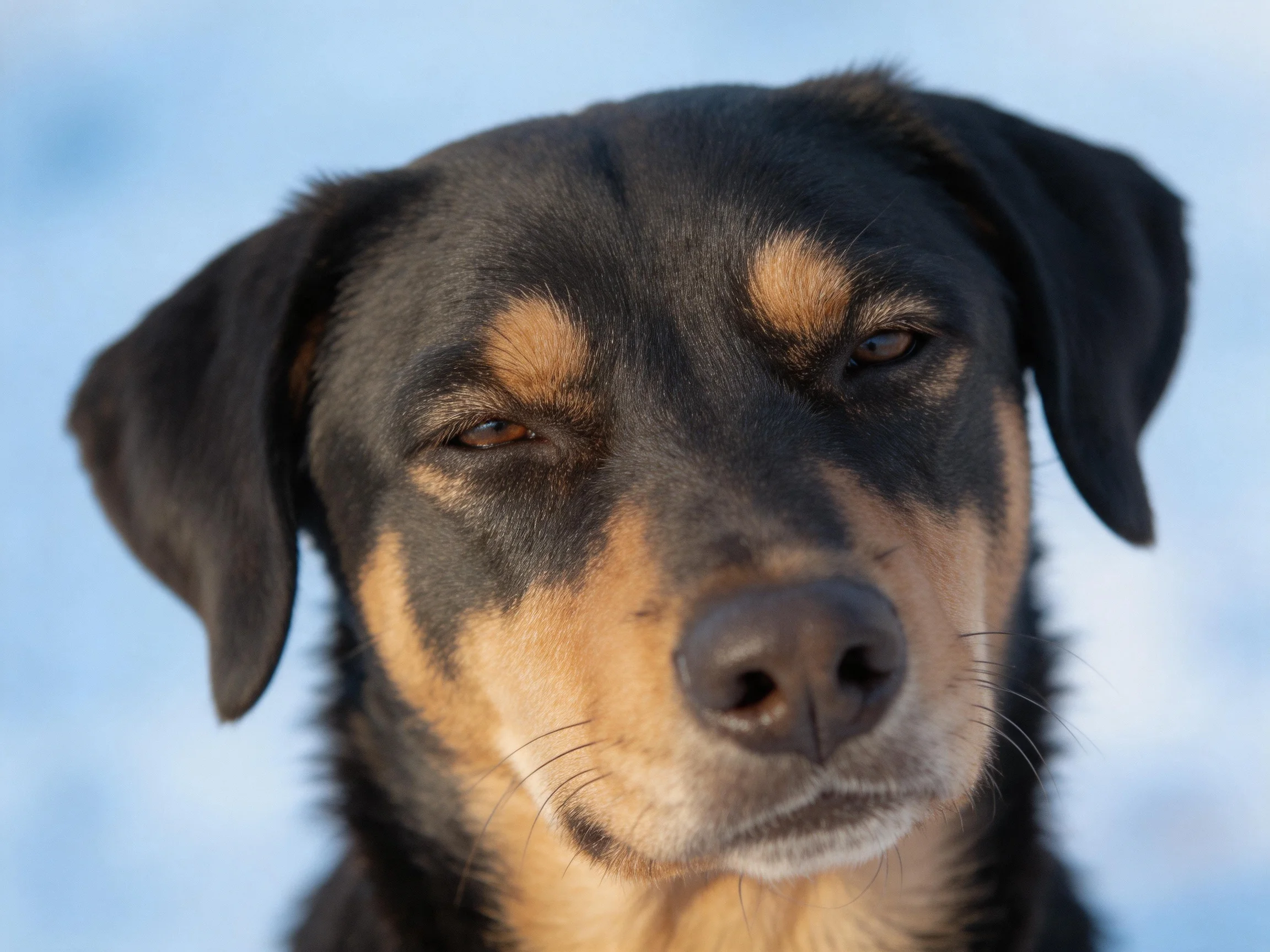A close - up shows a black and tan dog appearing calm.