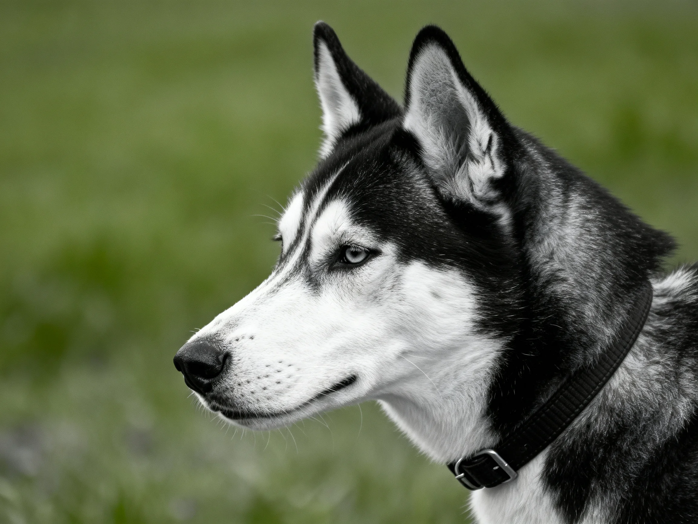 A close - up of a black and white Siberian Husky in a natural setting