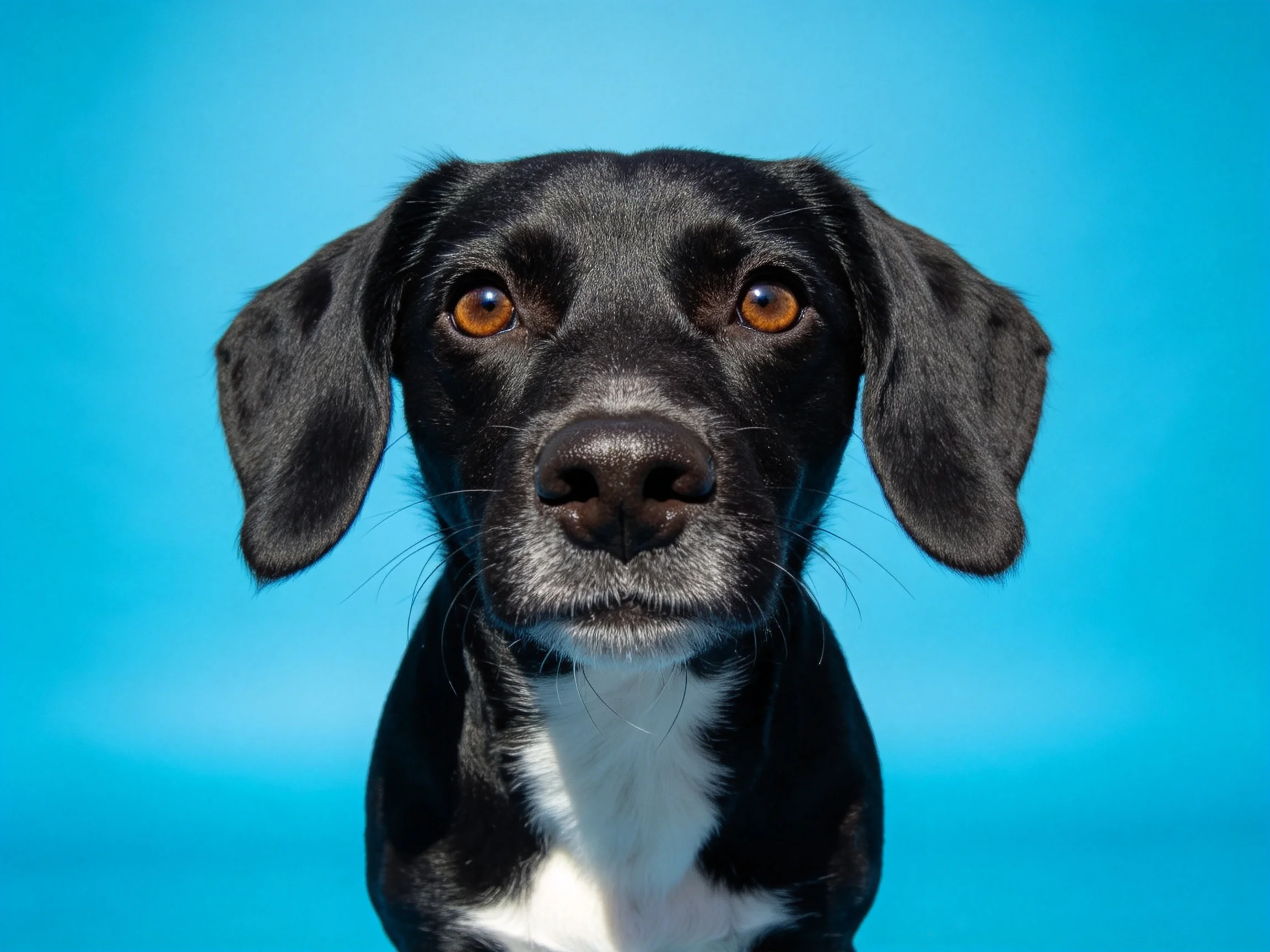 A black and white dog looks directly at the camera with a solid blue background.