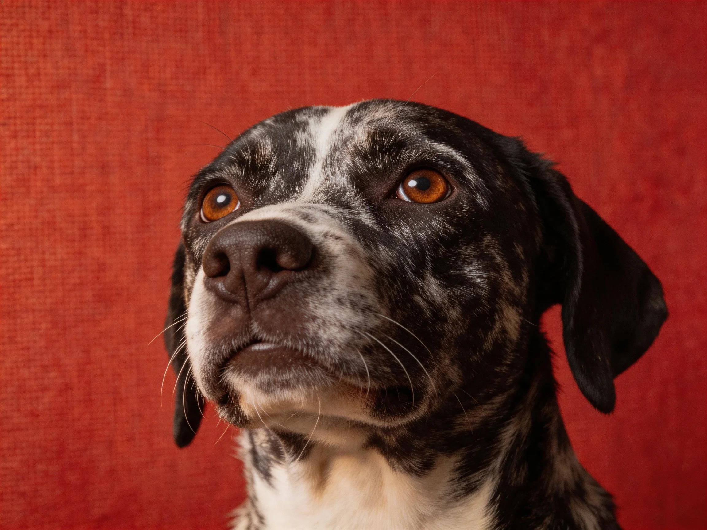 A black and white spotted dog gazes upward against a red backdrop.