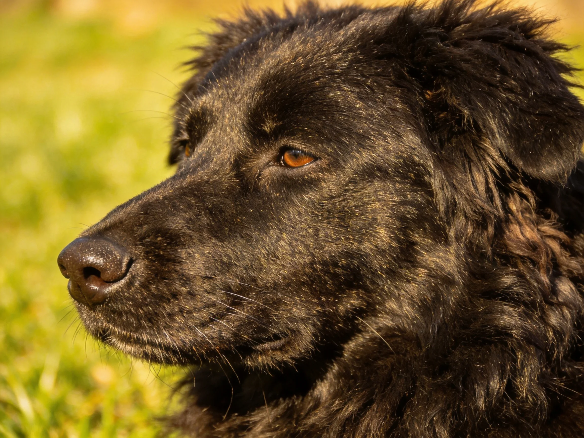 A close - up shows a black dog calmly on green grass.
