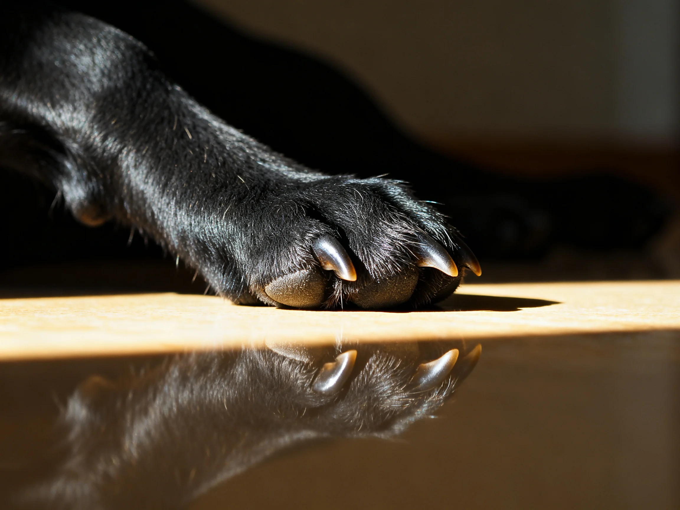 A black dog’s paw rests on a wooden surface with a reflection below.