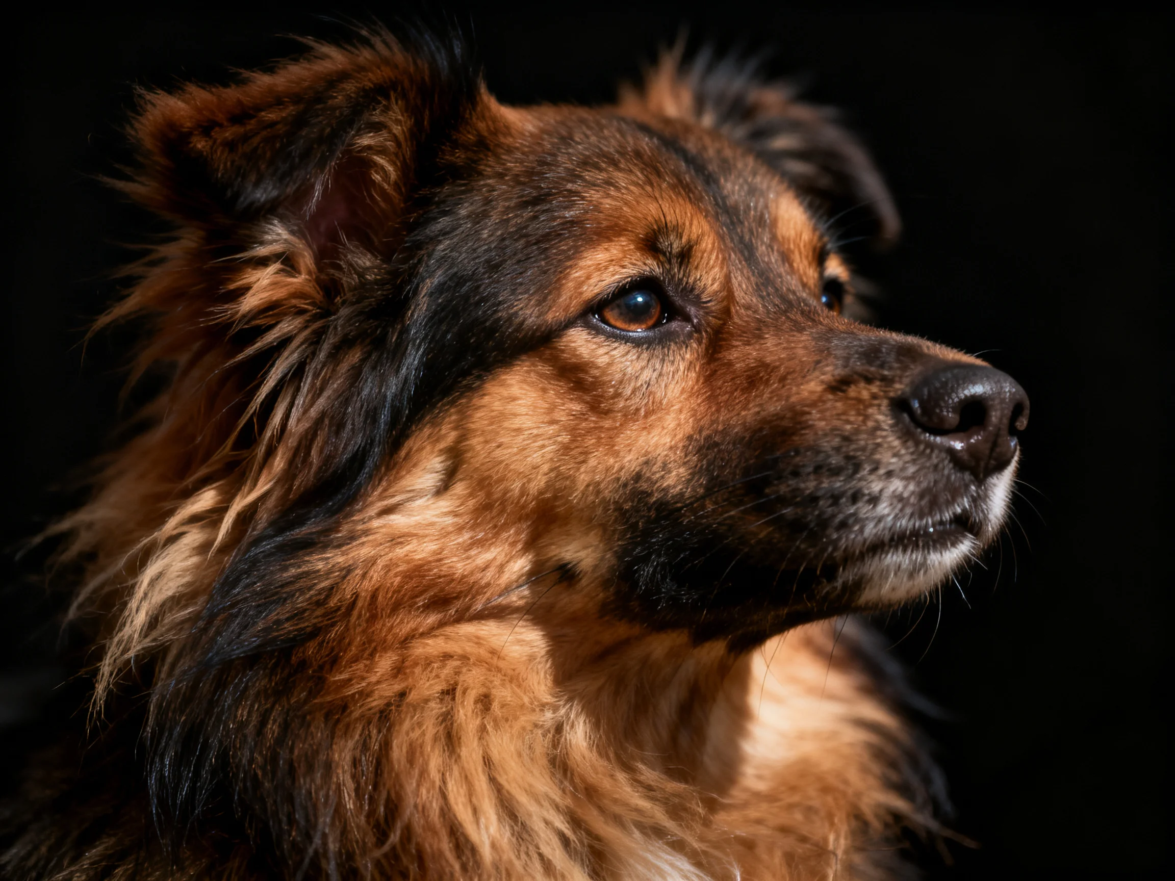 A brown and black shaggy dog gazes thoughtfully into the distance.