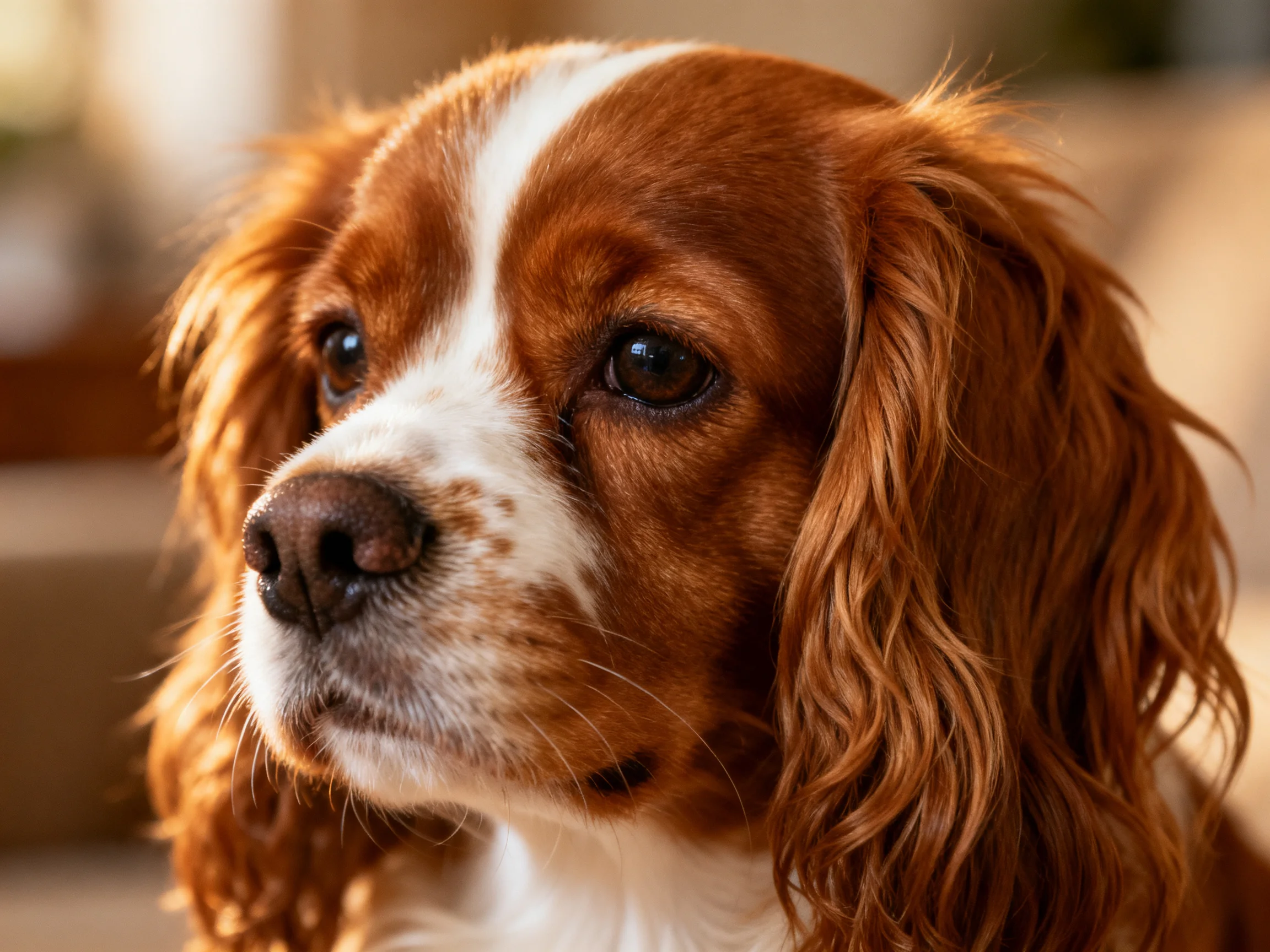 A close - up of a brown and white spaniel with curly ears