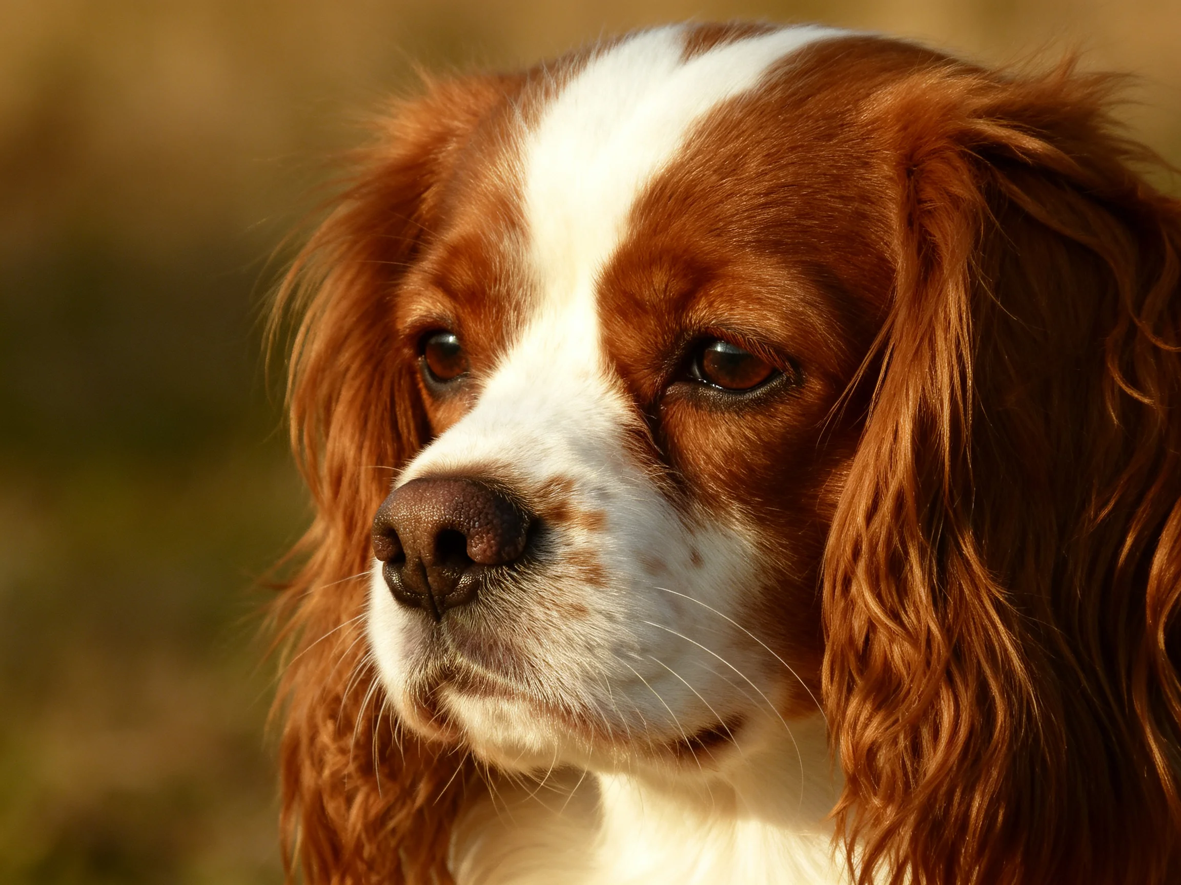 A close - up of a brown and white spaniel with long, wavy fur