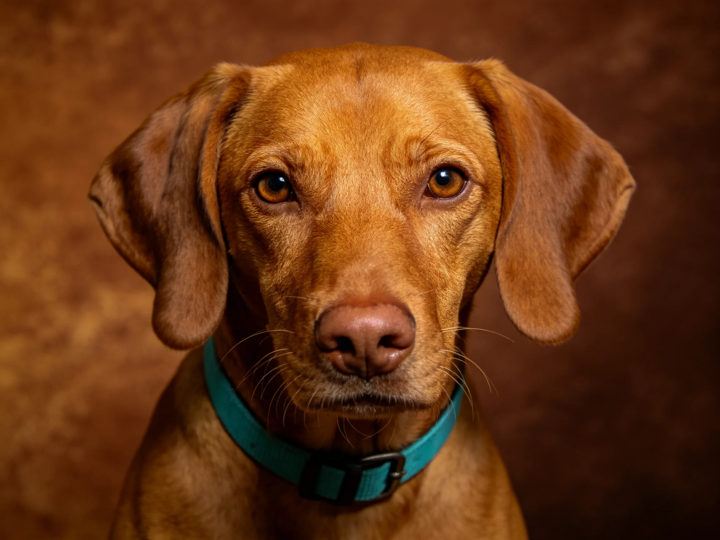 A close - up of a brown dog wearing a teal collar