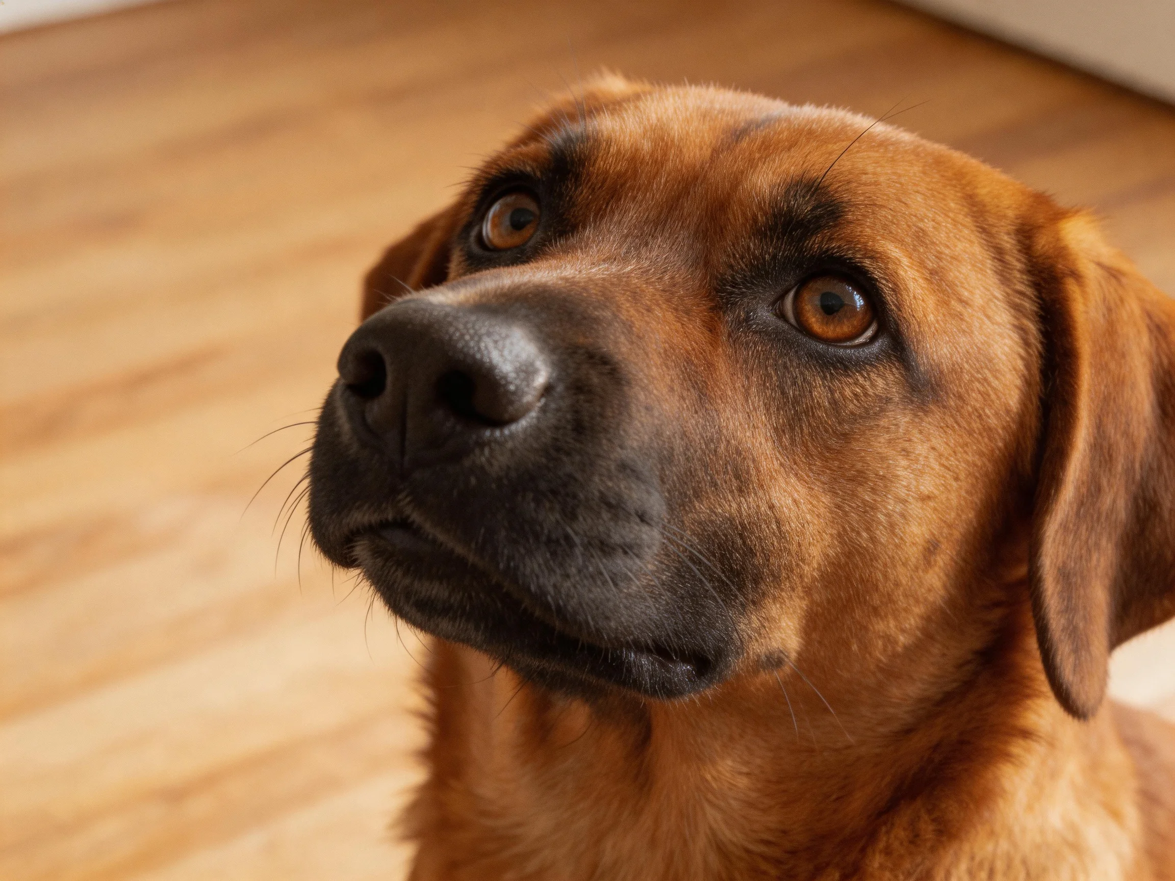 A brown dog with expressive eyes is shown in a close - up on wooden flooring.